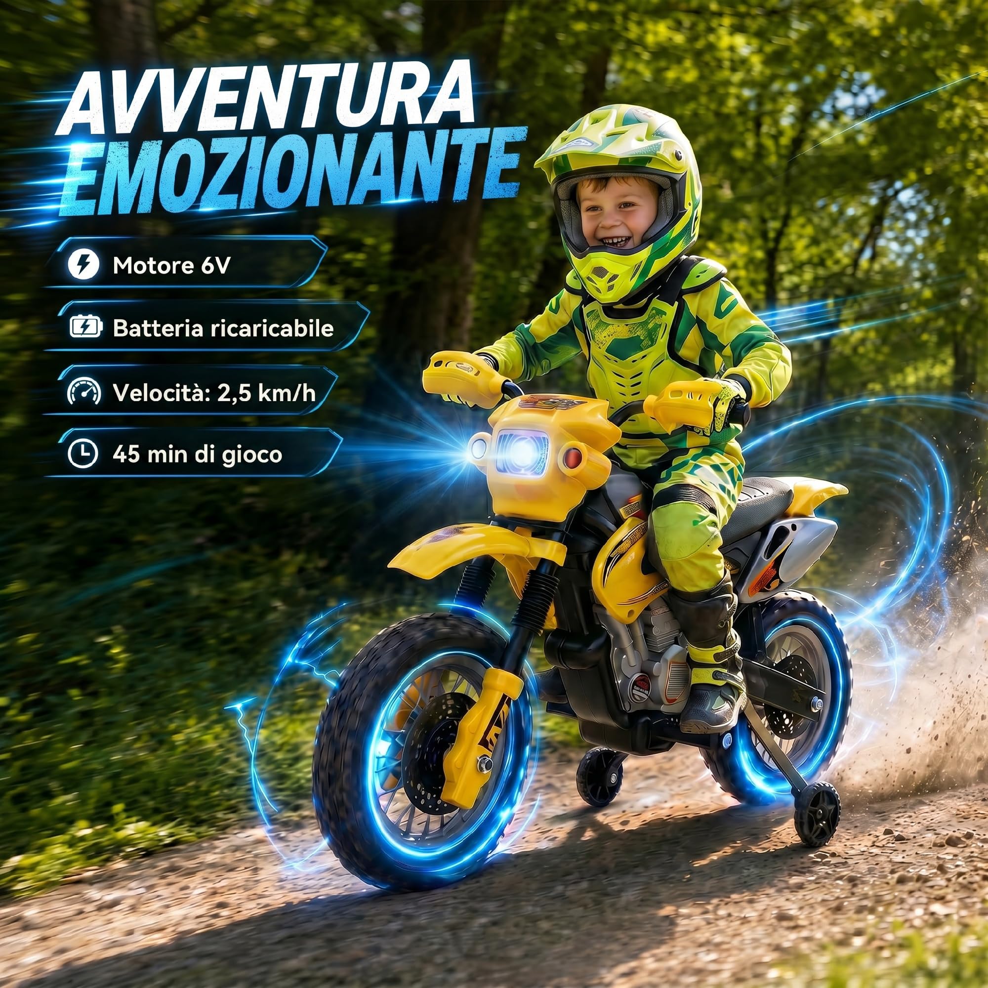 HOMCOM Moto Elettrica per Bambini 3 anni e Più, Moto Cross Elettrica con Rotelle, Batteria 6V Velocità 2.5km/h, 102 x 58 x 66cm, Giallo