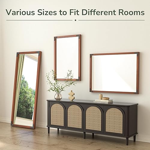 Miniatura 6 de TokeShimi Espejo de baño de 20 x 28 pulgadas, marco de madera rústica, madera natural con detalles de nogal, impermeable, instalación de tacos