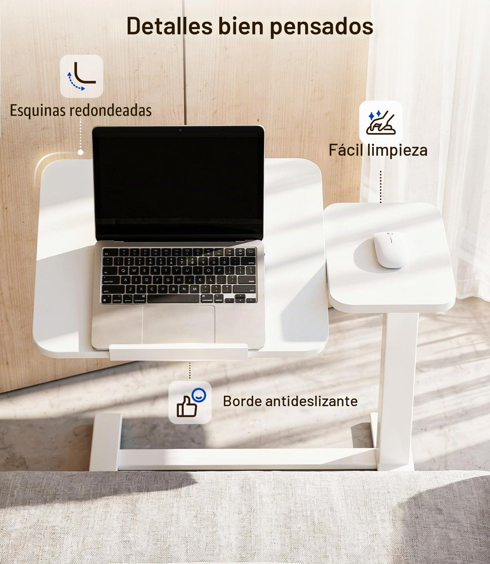 MAIDeSITe Fit Dual Mesa Auxiliar con Ruedas para Ordenador, C Forma Altura Ajustable Mesa de Cama, 70x40cm Pequeña Mesa Elevadora Rodante con Superficie Dividida y Ruedas para Salón Dormitorio