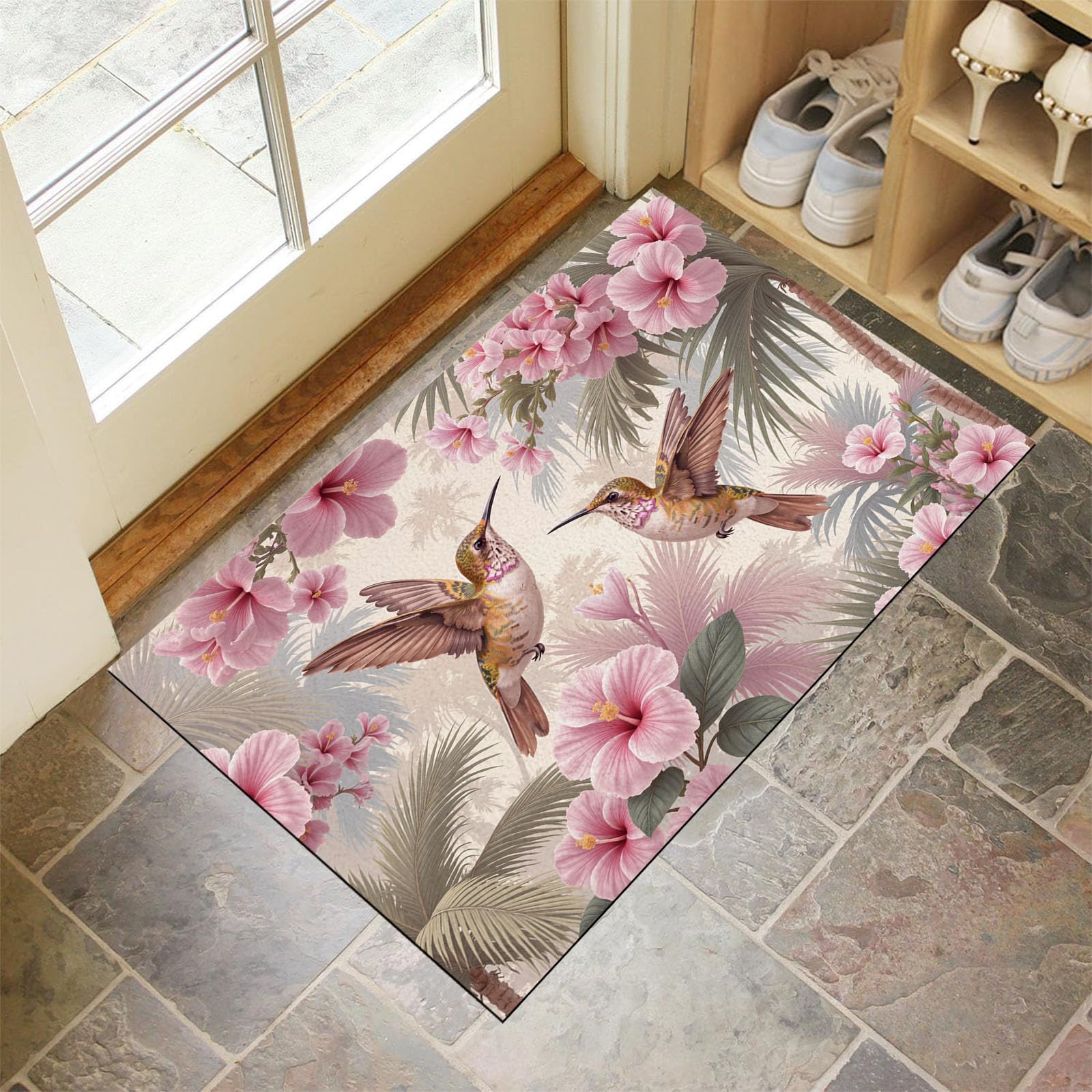 Tapis de sol jungle rose clair pour entrée intérieure fleurie et accueillante