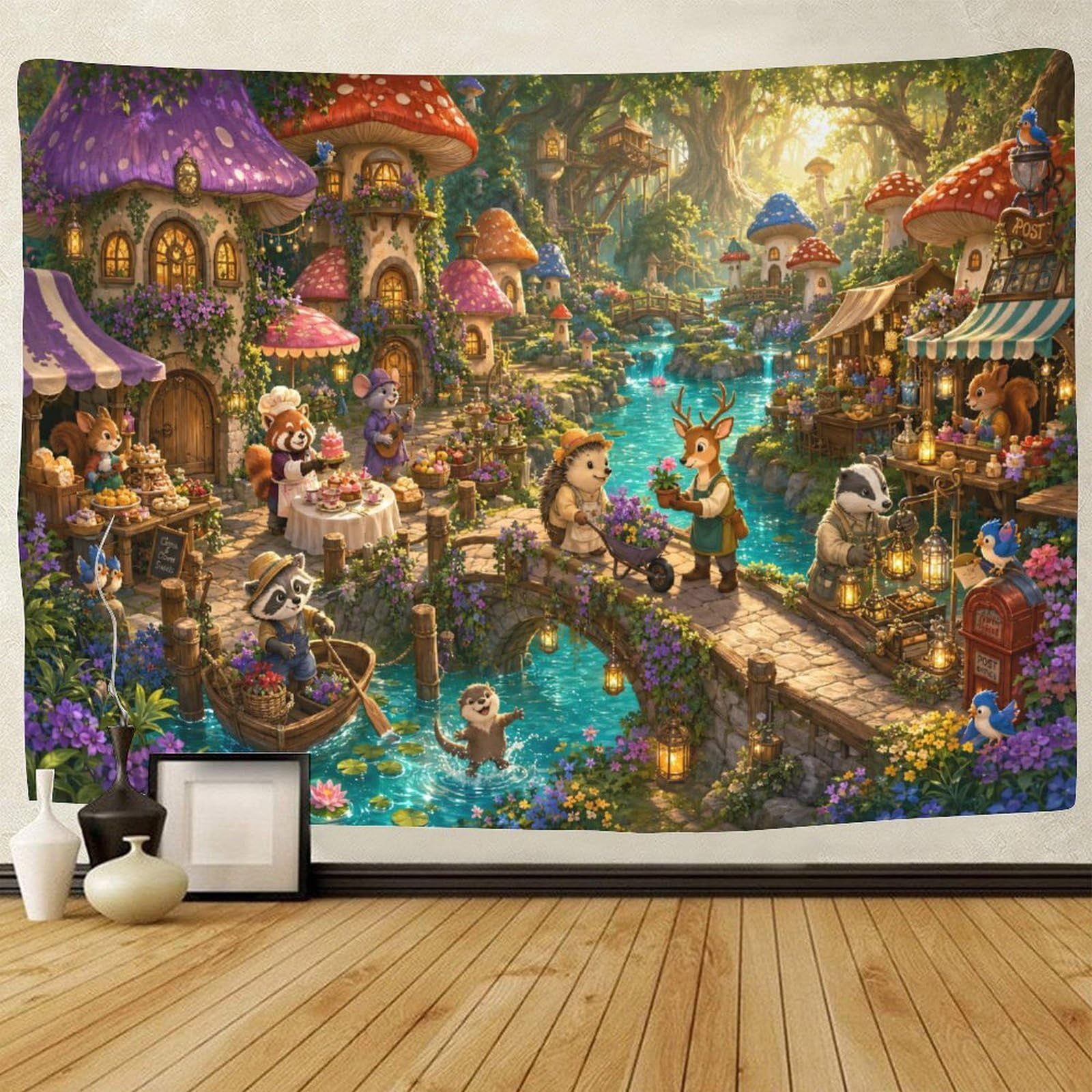 GPMNBCXZK Mushroom Village Animals Wall Tapestry 3D Print Wall Art Decor Tapestries Poster Home Decoration Bedroom Dorm 180cmx230cm