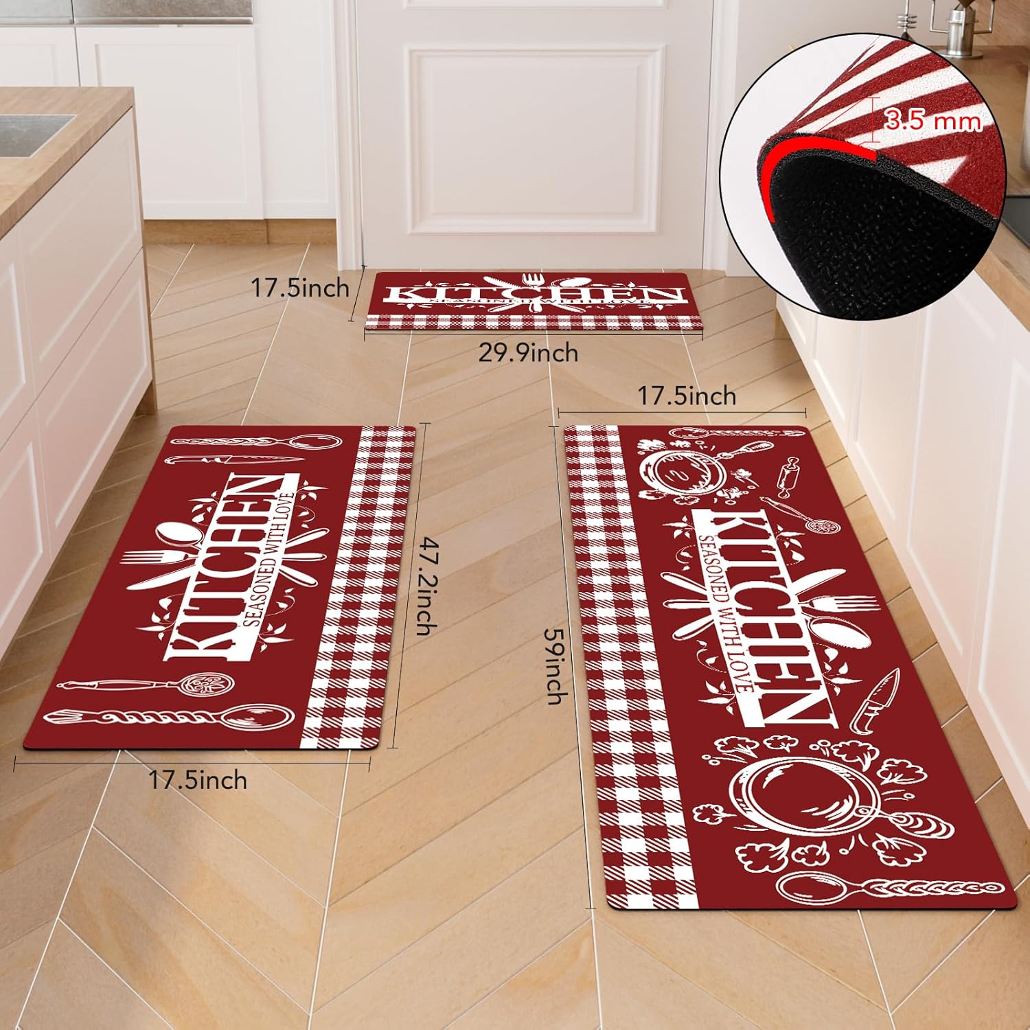 XLHOMO Red Kitchen Mats for Floor, 3 Pieces Non Slip Cushioned Kitchen Runner Rugs with Grid Design, Waterproof Comfort Mat Farmhouse Chef Runners Carpet for Sink, Bathroom