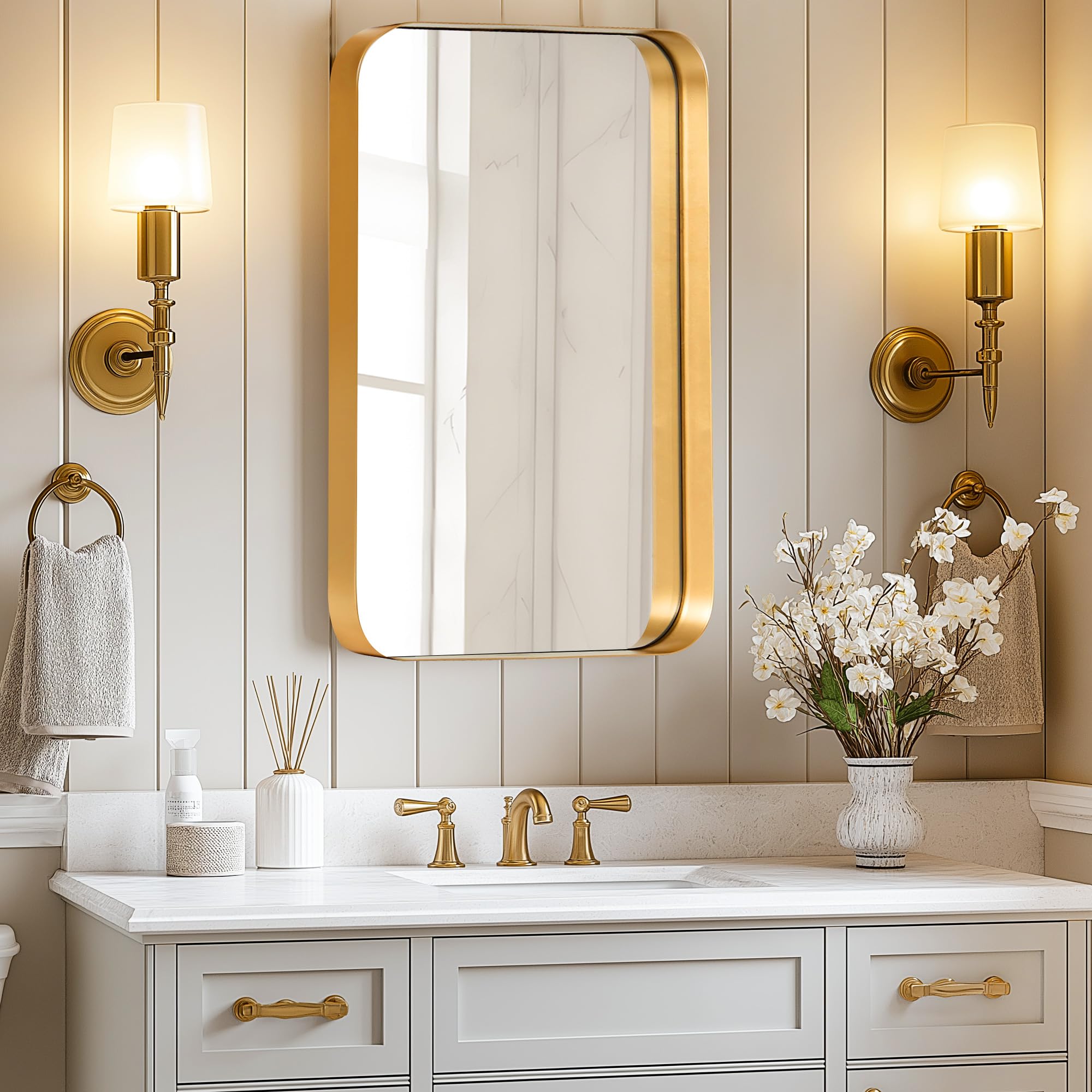 SogesHome Bathroom Medicine Cabinet with Mirror, 16x24 Gold Medicine Cabinet, Stainless Steel Frame and 2 Shelves, Wall Mounted Vanity Mirror with