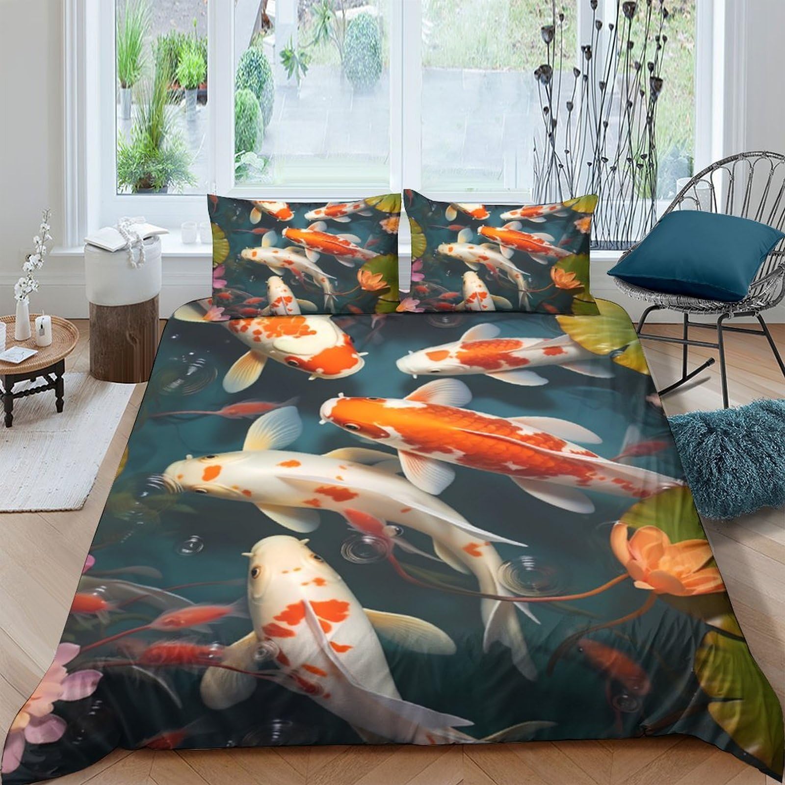 Ctjqhvkz Style-4 3D Printed Koi Fish Pond Fitted Sheet Microfiber Soft Decorative Water Garden Bed Cover For Bedroom Guest Room Dorm Protection Single（135X200cm）