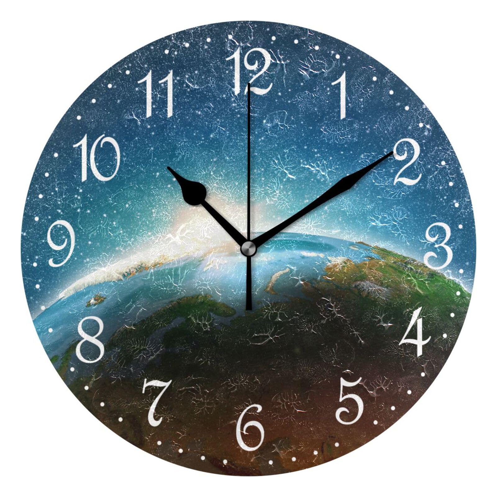 Mnsruu Wall Clock Earth Planet in Sun Rays, Silent Non-Ticking Decorative Wall Clocks Battery Operated 25x25cm