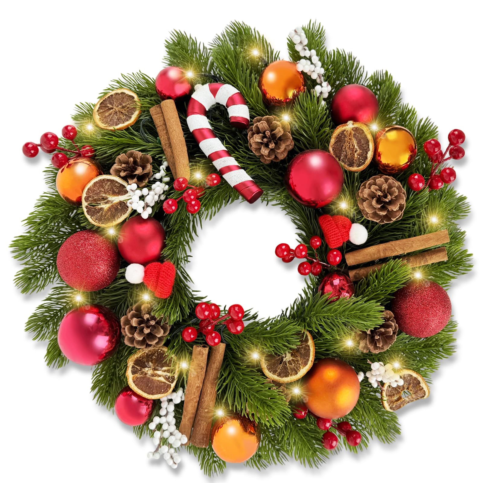 Couronne de Noël de 40 cm haut de gamme à lumière jaune fixe