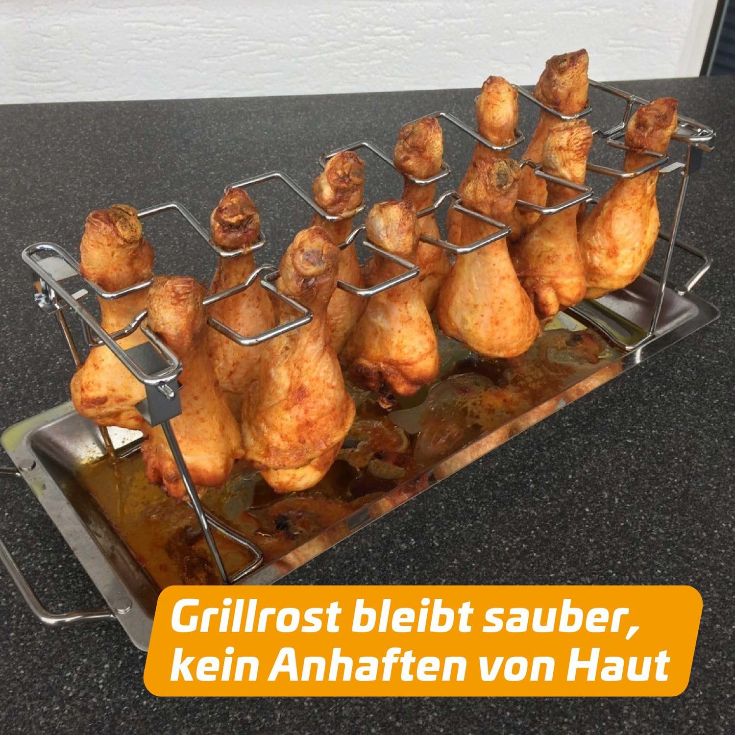 Grillfürst Hähnchenschenkel Halter für 12 Drum Sticks oder Chicken Wings mit Auffangschale aus Edelstahl