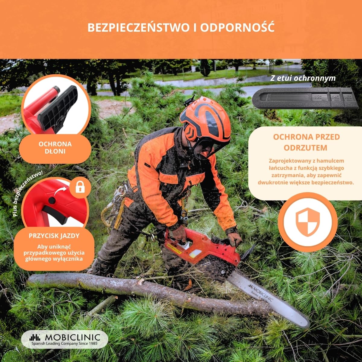 Mobiclinic®, Elektryczna pił łńcuchowa z kablem, 1800 w, Długość cięcia 40 cm, Automatyczne smarowanie, Zawiera etui, Uchwytem, Prędkość 13 m/s, Do 120 ml, Okno kontrolne oleju