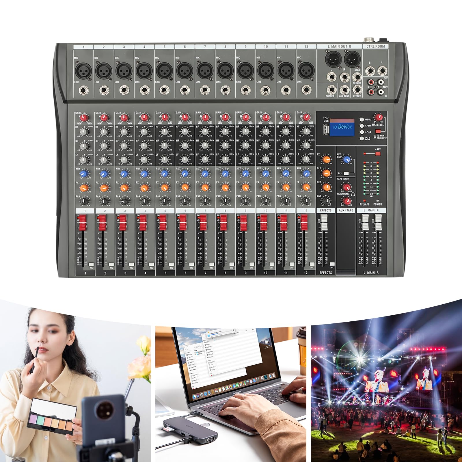Console mixer audio USB professionale a 12 canali con connessione Bluetooth, alimentazione phantom 48V e equalizzatore a tre bande per musica ed eventi