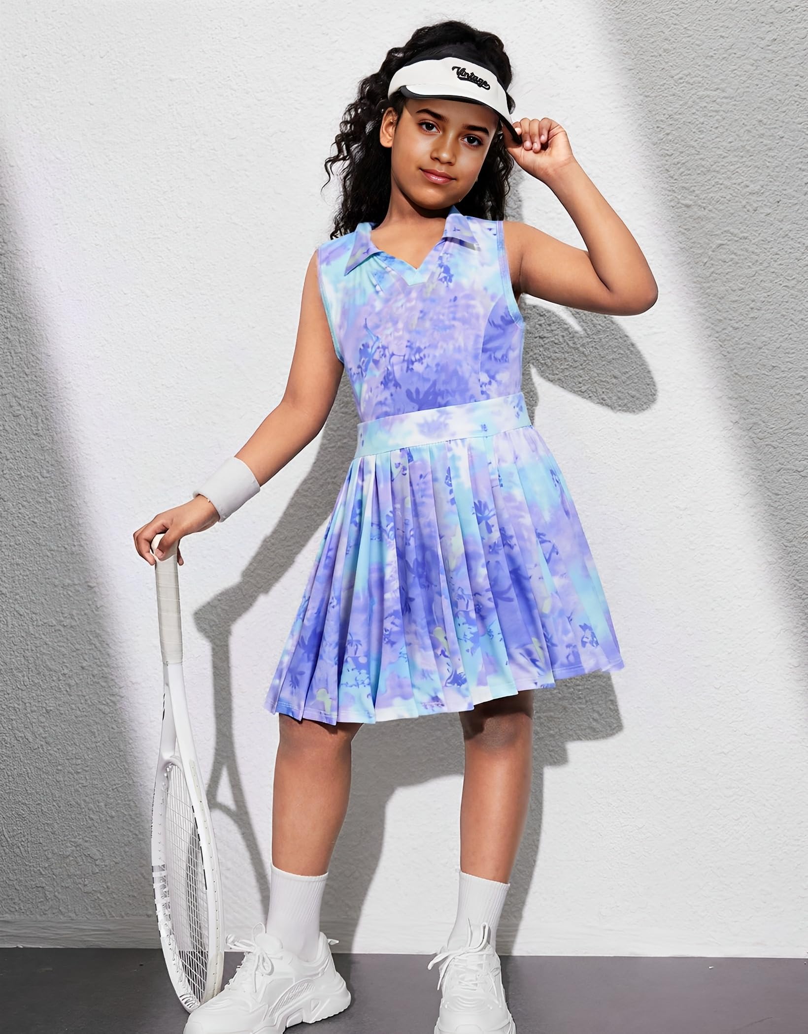 JiAmy Vestido de tenis para niñas, sin mangas, cuello en V, vestido atlético, corte en la espalda, plisado, vestidos de golf para niñas, 3-12 años