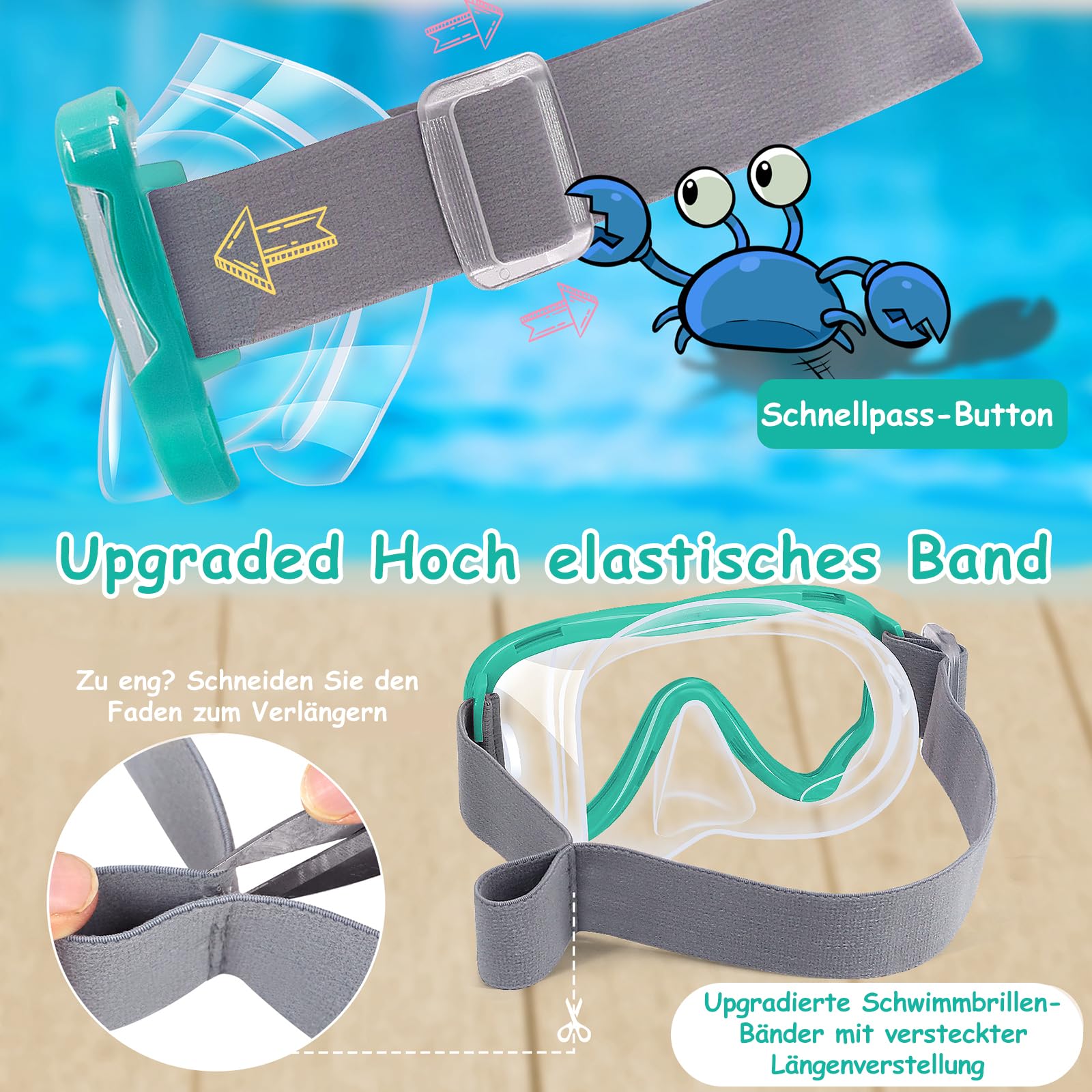 Vvinca Taucherbrille Kinder mit stoffband, Schwimmbrille Kinder für Jahre Jungen Mädchen,Schnorchelmaske Kinder 180° Panorama Anti-Leck Tauchmaske Kinder für 3-13 Jahr