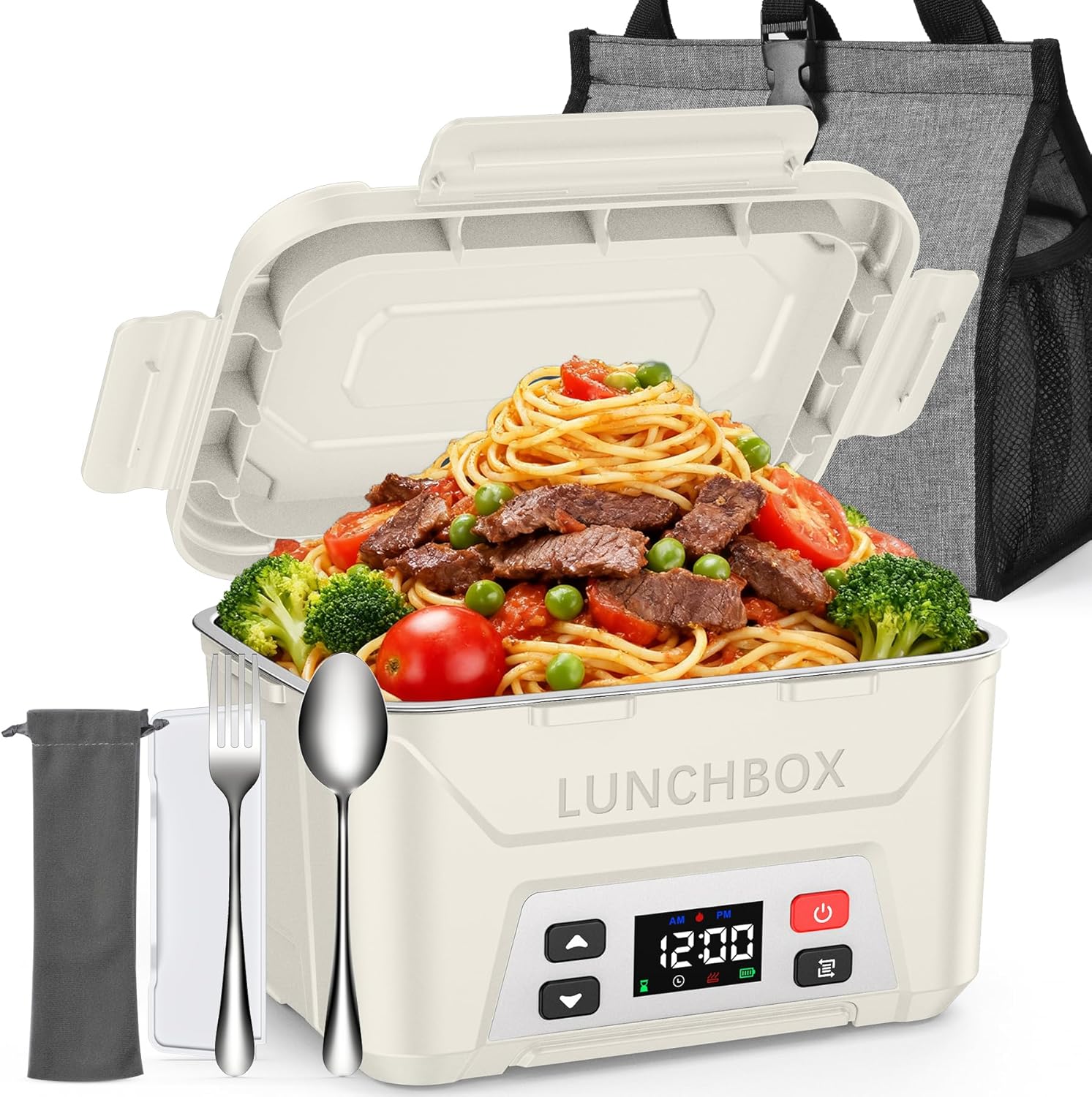 EAST OAK Heated Lunch Box for Men, Electric Lunch Box for Adults, 5.5 Cups Cordless Portable Food Warmer, Rechargeable Self Heating Food Heater with Memory Function, Automatic Keep Warm(White)