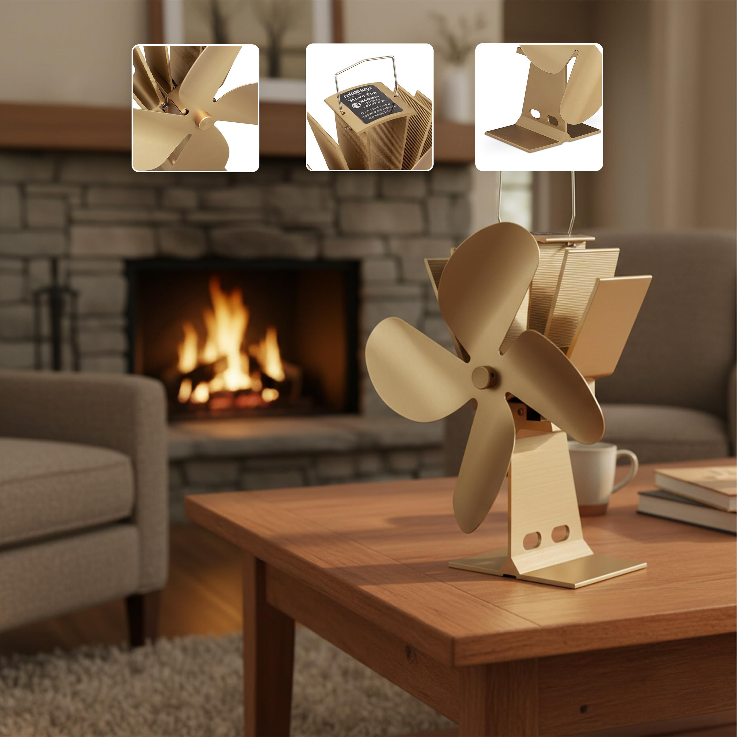 Relaxdays Ventola per Stufa Senza Elettricità, Silenzioso, Ventilatore per Camino & Forno, Accessorio, 4 Pale, Bronzo