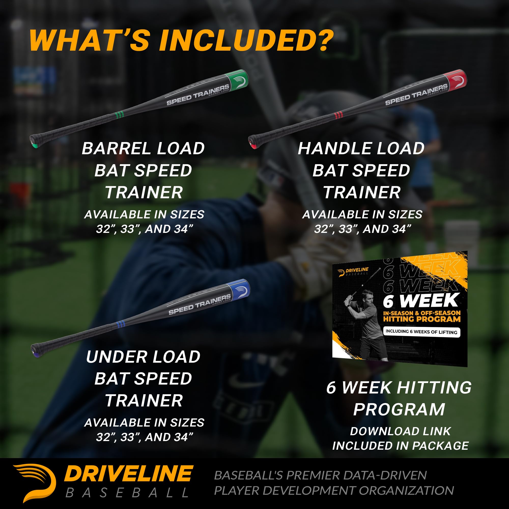 Driveline Baseball Speed Trainer Bat (Set of 3) Overload & Underload Practice Bats for Speed, Strength, and Barrel Control + Free 6-Week Hitting Program