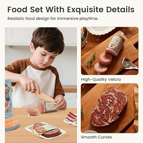 Miniatura 3 de Tiny Land Juego de comida orgánica de juego  Juego de 6 juguetes de madera de mariscos y carne para niños, comestibles de simulación para juegos de