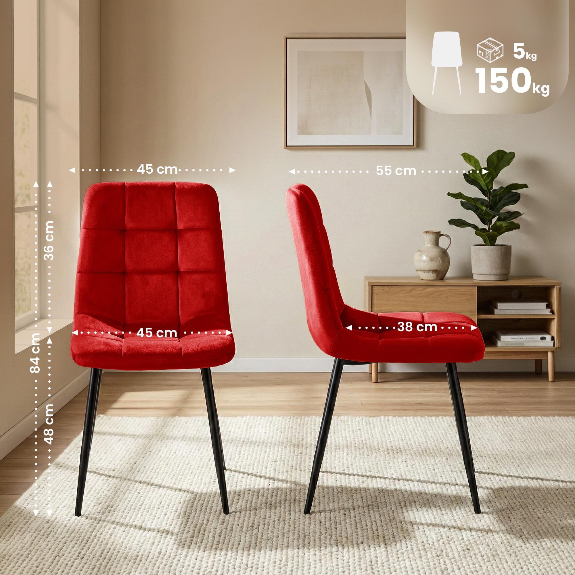CLP Silla de Comedor tapizada Antibes, Silla de Cocina con Terciopelo, Respaldo y Estructura de Metal Negro, soporta hasta 150 kg Color:Rojo