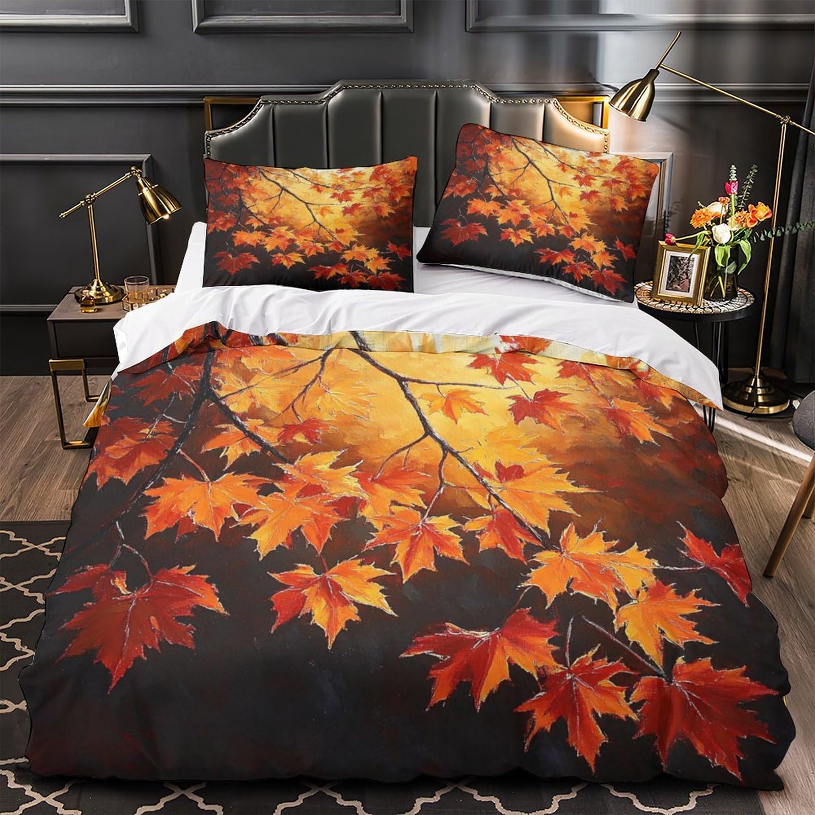 Linge de lit feuilles automne housse de couette 220x240 cm 2 taies microfibre douce respirante