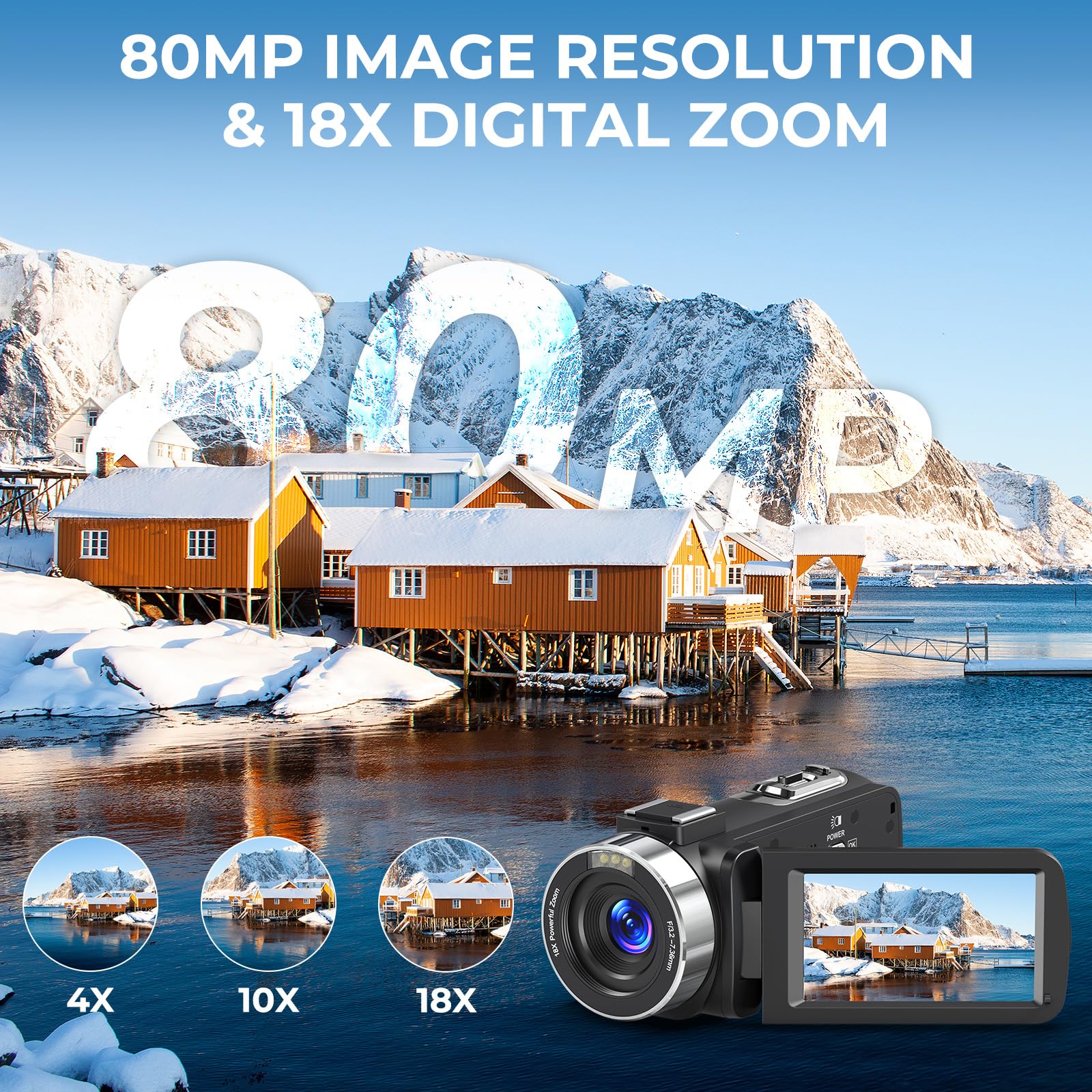 Videocamera 4K Ultra 80MP Videocamera 18X Zoom Digitale 3.0 IPS Video Recorder Videoregistratore per YouTube IR Night Vision Camera con 32GB SD Card, 2 Batterie, Telecomando e Microfono