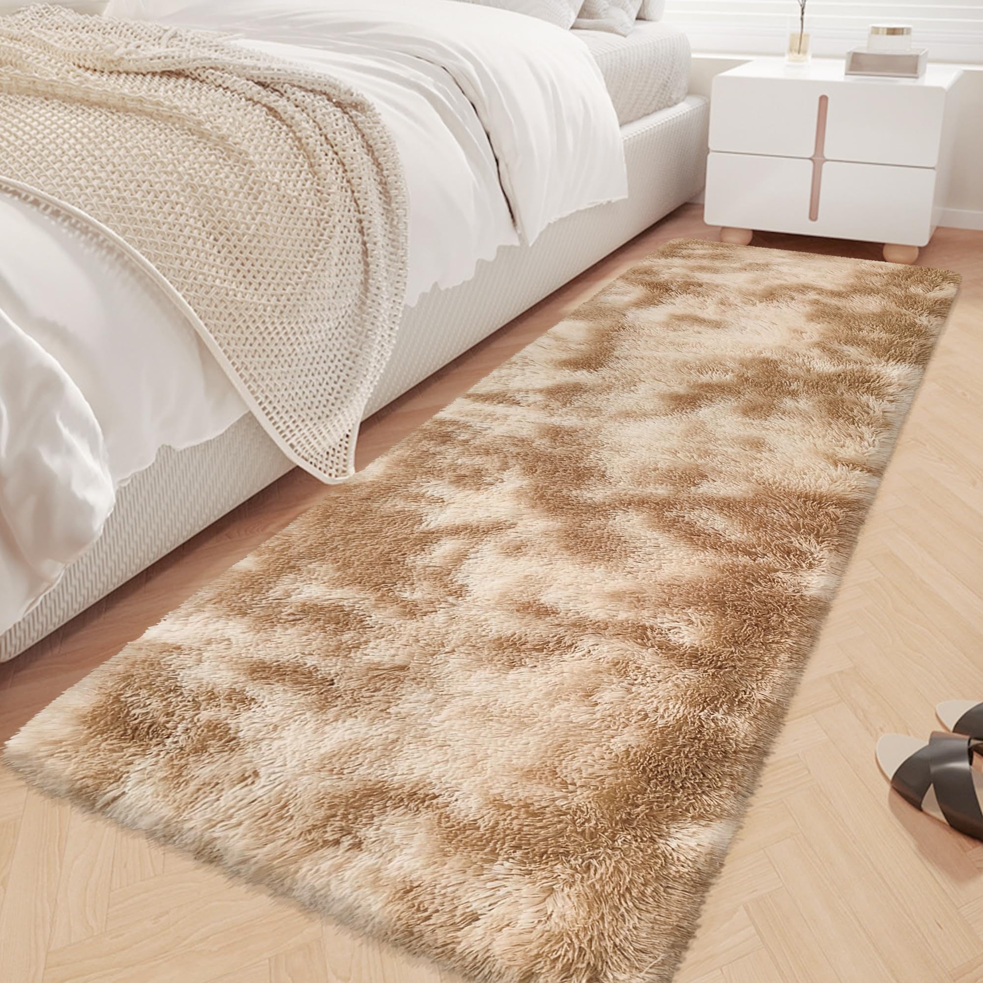 JiaoBaba Super Soft Fluffy Living Room Area Rugs 2x6 ft Tie-Dyed Beige Shaggy Furry Carpet Washable Non-Slip Floor Rug Bedroom Bedside Nursery Rug