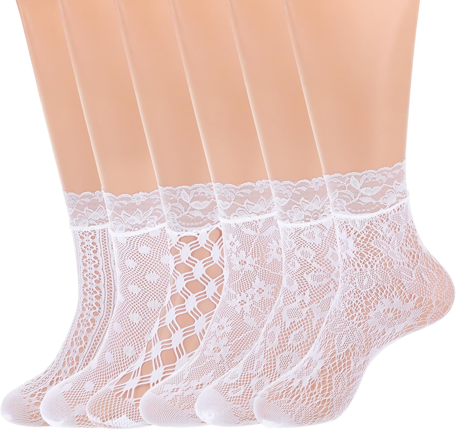 6 Pairs Lace Socks, White/Black Elegent Fishnet Socks Hollow Sock Sexy Lace AnkleSock for Women Crew Sock