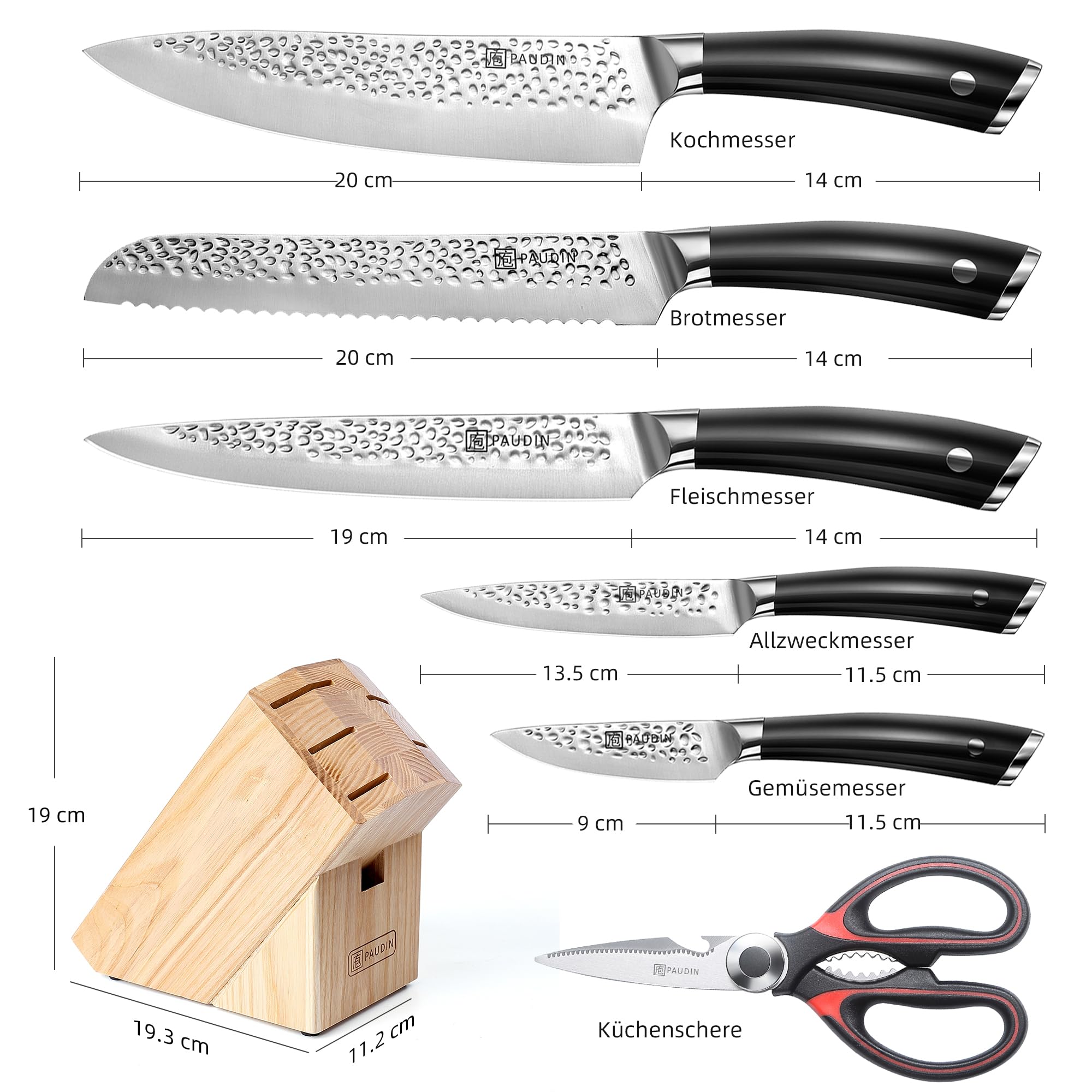 PAUDIN Bloque de cuchillos cuchillo, Juego de cuchillos de 7 piezas inoxidable al carbono juego de cuchillos de cocina profesionales, tijeras y bloque de madera, mangos ergonómicos