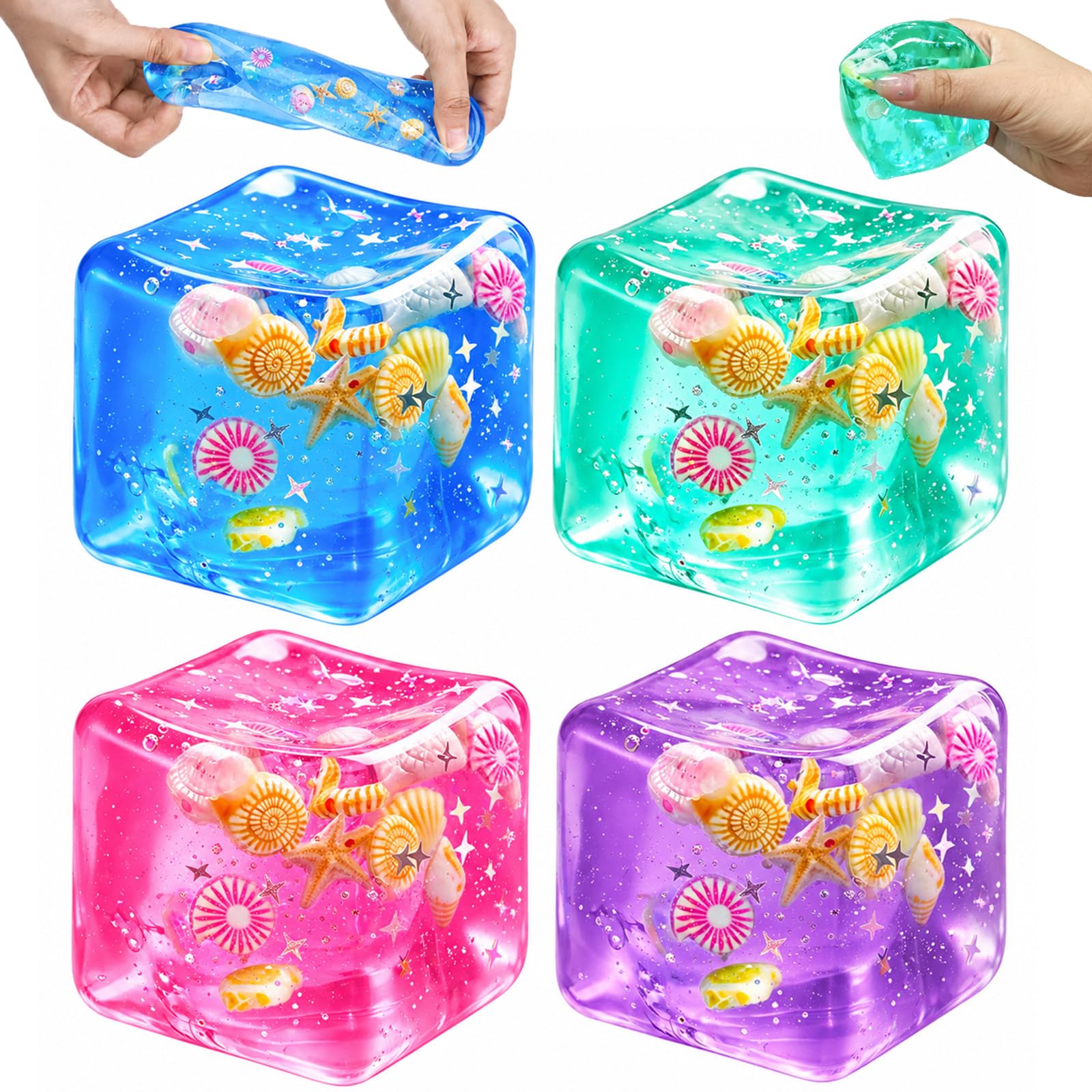 4 Pcs Squishy Cubes, Ocean Shells Ice Cube Squishy Fidget Toys