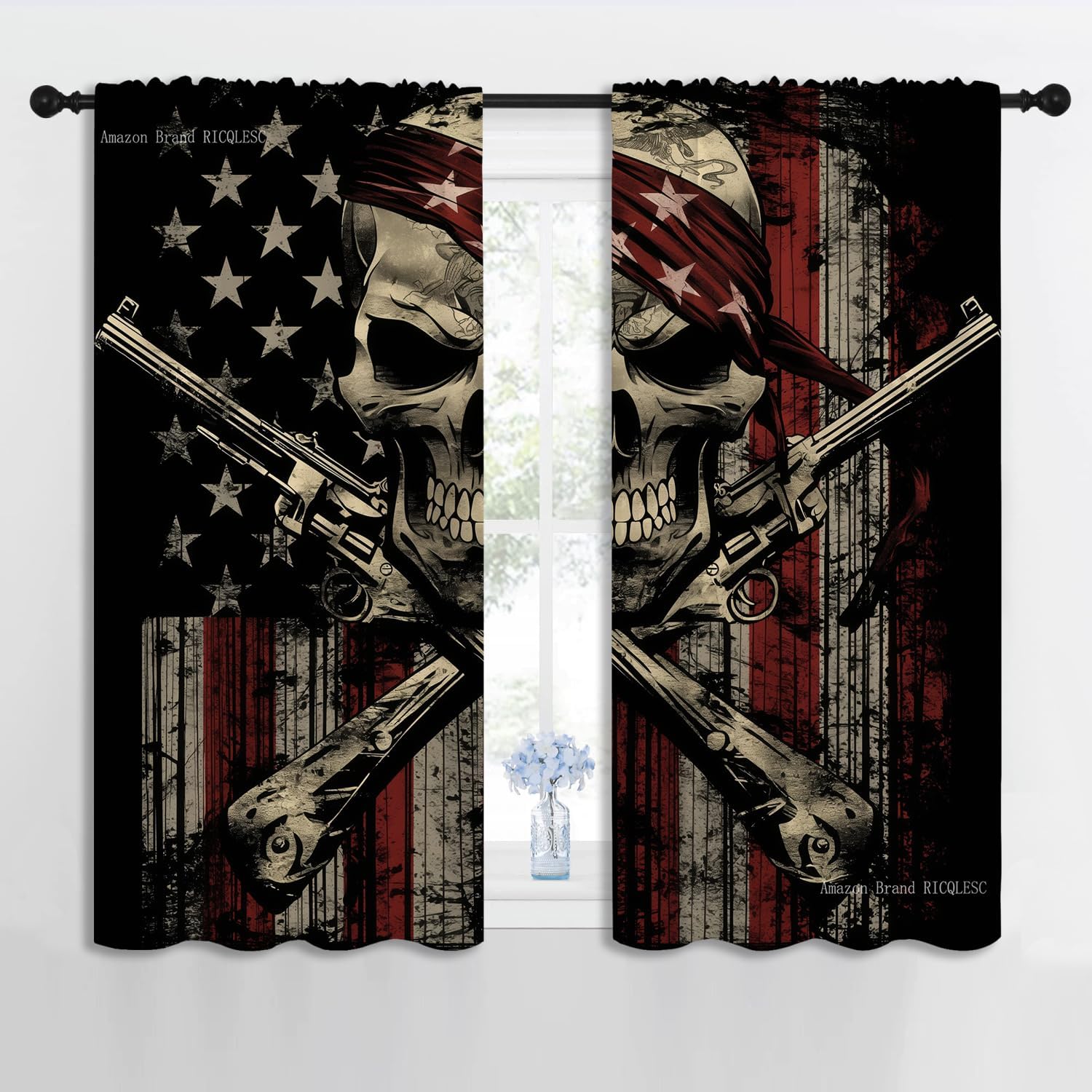 American Flag Skull Boy Girls Blackout Curtains,Independence Day Gothic Pirate Crossbones Vintage, 2 Panel Rod Pocket Thermal Insulated Drapes for Bedroom Living Kids Room Deco 42x63 inch