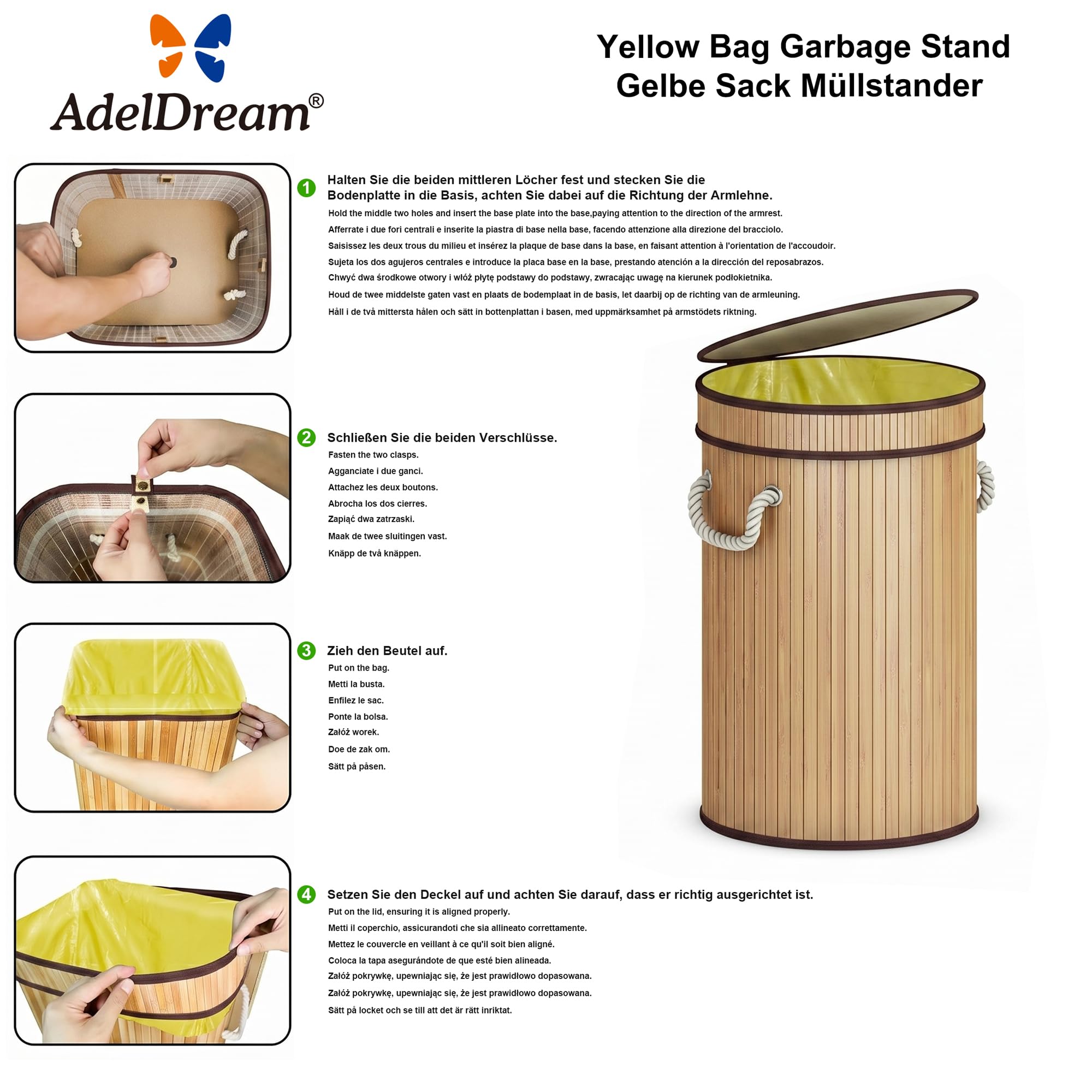 AdelDream Support pour sacs jaunes poubelle en bois anti-odeur pour sacs jaunes poubelle hermétique idéale comme support pour sacs jaunes poubelle pour sacs jaunes de 60L modèle rond