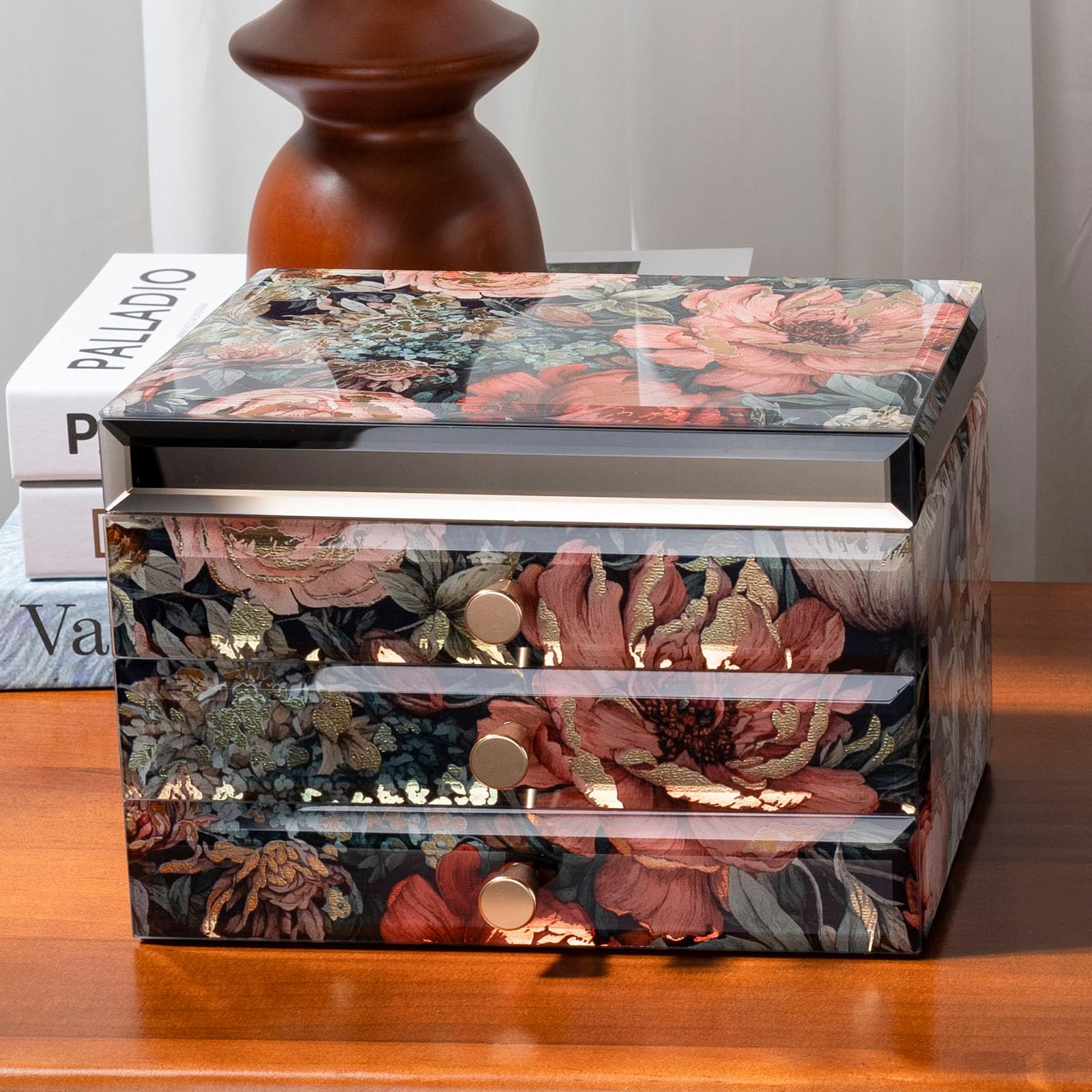 Joyero de cristal con patrón floral, organizador de joyas de 3 niveles para mujeres y niñas, cajas decorativas de regalo de joyería, organizador de mesa para aretes, collar, regalo para