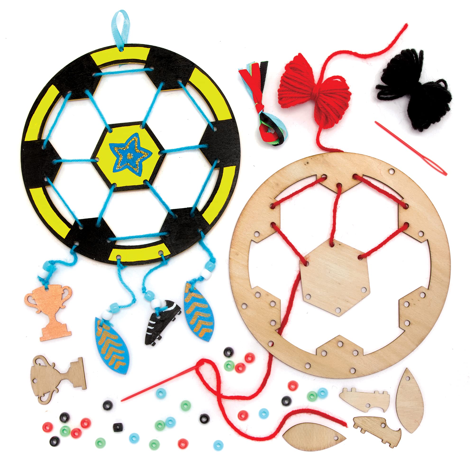 Baker Ross FE463 Football Wooden Dreamcatcher Kits - Pack of 4, Make Your Own Dream Catcher, Craft Set for Children to Decorate and Display