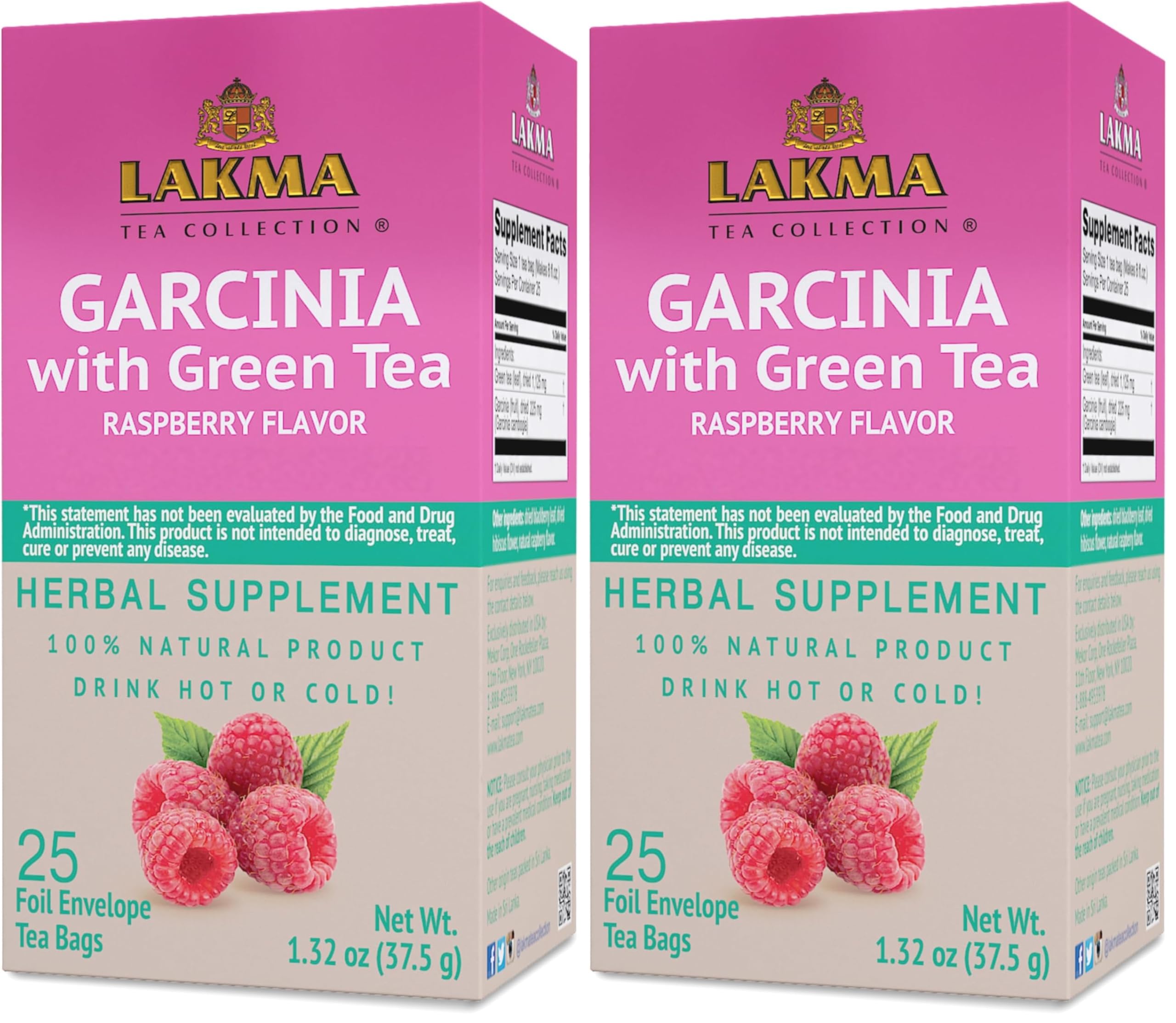 Lakma Garcinia Cambogia Green Tea with Raspberry - 25 Tea Bags (Pack of 2) Garcinia Cambogia Green Tea with Raspberry 25 Count (Pack of 2)