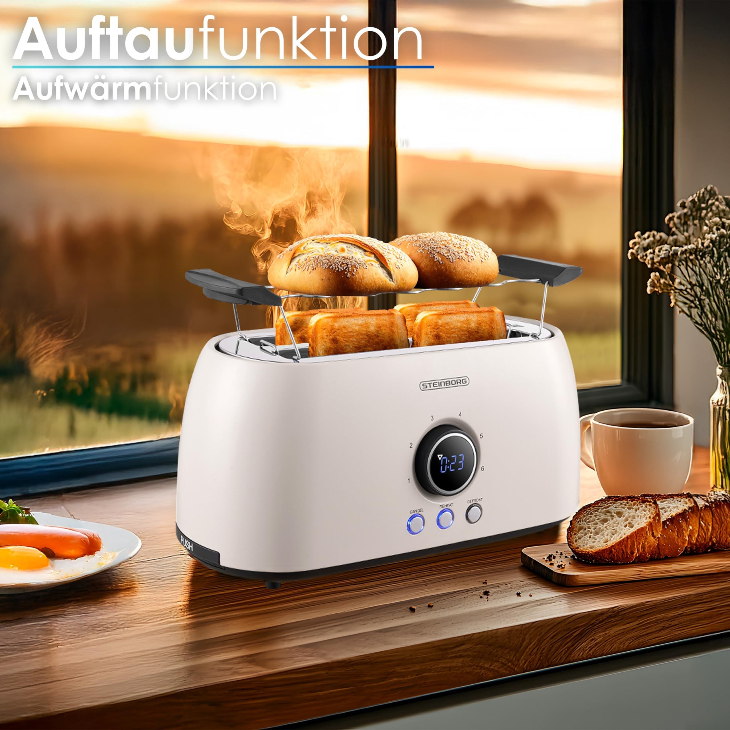 Cecotec Broodrooster Toast&Taste Extra Double W, 1350W Vermogen, Dubbele lange gleuf voor 2 Sneetjes Brood, Automatische uitschakeling en pop-up, Roestvrij Staal, Kruimellade, Zelfcentrerend