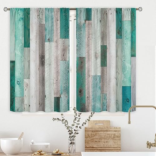 Cinbloo Farmhouse Teal Barn Door Kitchen Curtains 27.5Wx39H Inch Rod Pocket Rustic Wooden Vintage Western Blue Wood Plank Cabin Barnwood Art Printed Small Living Room Window Drapes Fabric 2 Panels