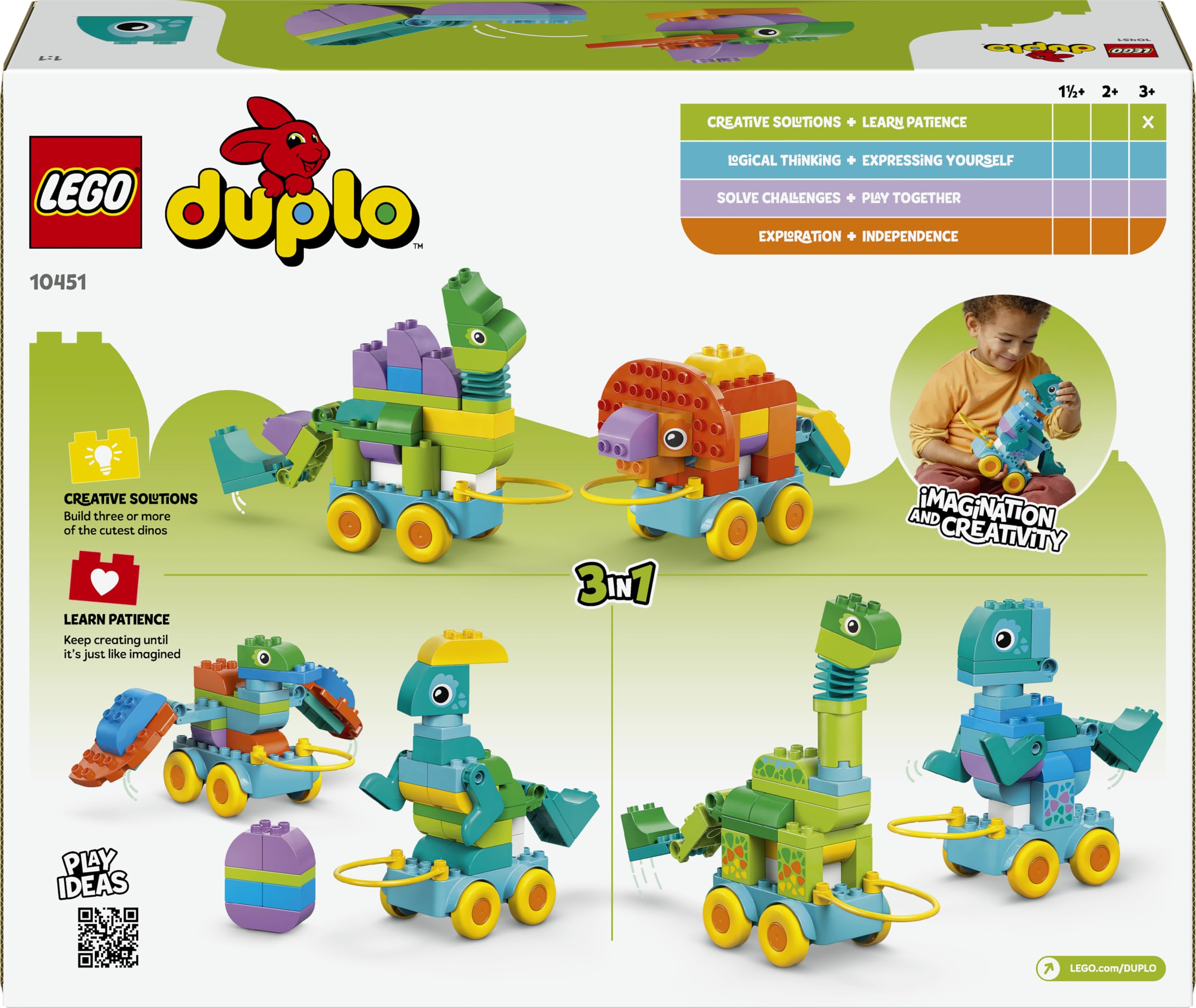 LEGO Duplo Ma Ville Dinosaures sur Roues 3-en-1 Jeu Éducatif pour Fille ou garçon 3 Ans - Diplodocus, T-Rex, tricératops & stégosaure ou ptéranodon & Parasaurolophus - Figurines de Dinosaures 10451