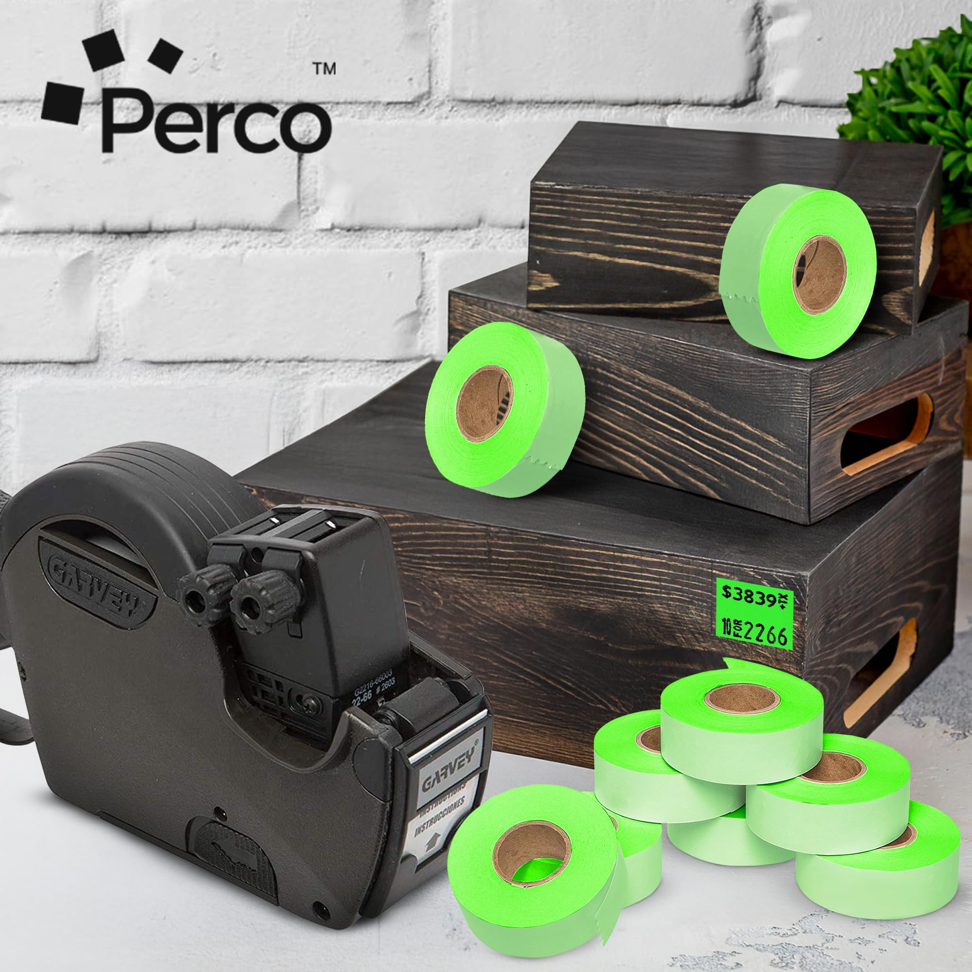 Perco 2216 Étiquettes de prix pour Garvey 22-66/22-77/22-88 Pistolet de tarification à deux lignes, étiquettes de marquage des prix vert fluorescent (1 manchon)