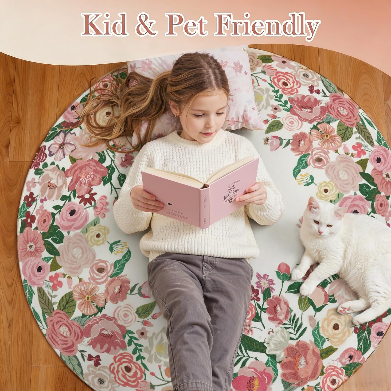 Wonnitar Washable 5x7 Rug for Living Room, Pink Camellia Floral Rugs for Bedroom Girls, Non-Slip Soft Scalloped Flower Floor Carpet for Kids Nursery Room Decor(Pink,5'x7')