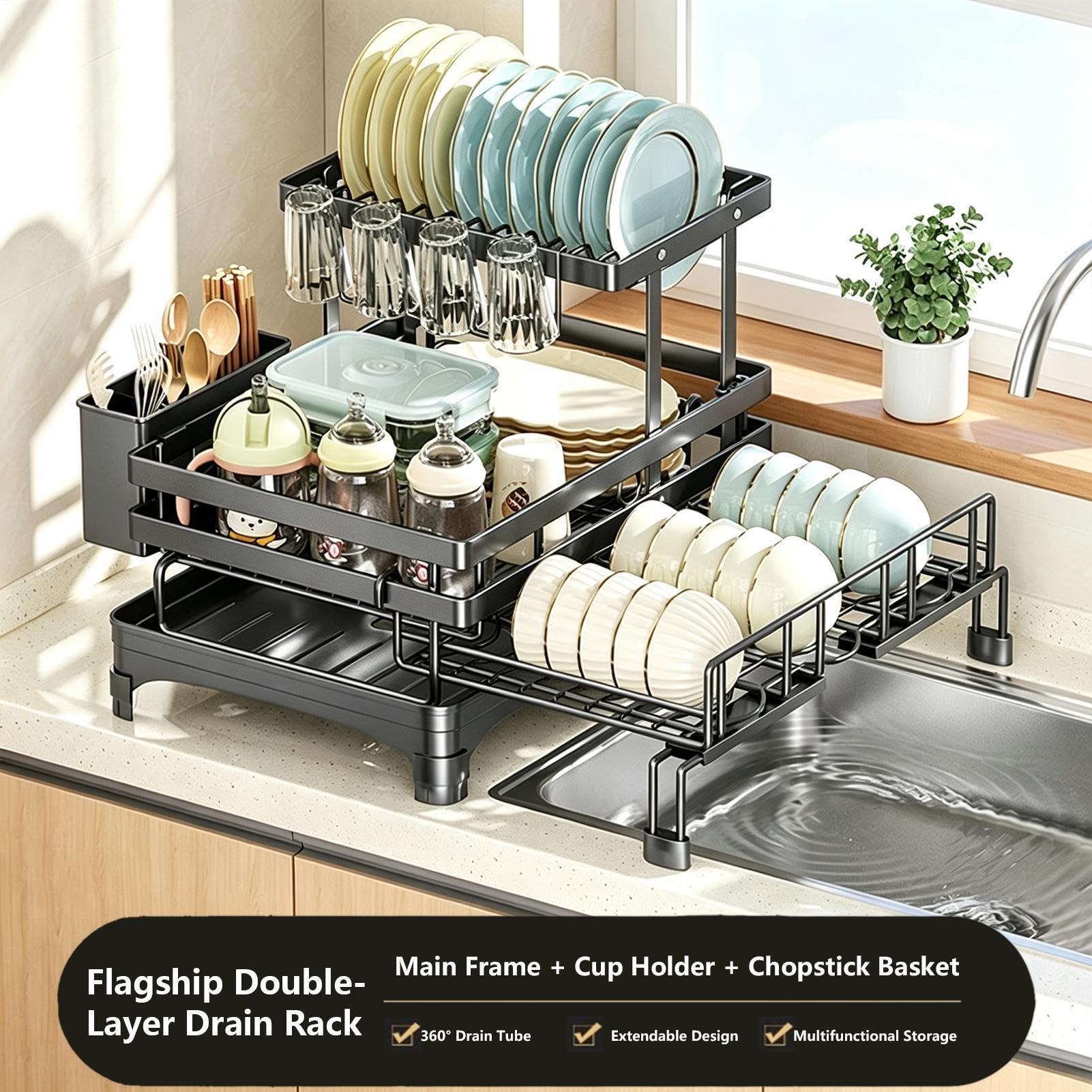 Escurridor Platos Para Encimera Cocina Gran Capacidad Extensible Con | Escurridor De Vajilla Para Fregadero De Cocina Para Cuenco Taza Cubiertos Esponja Espátul