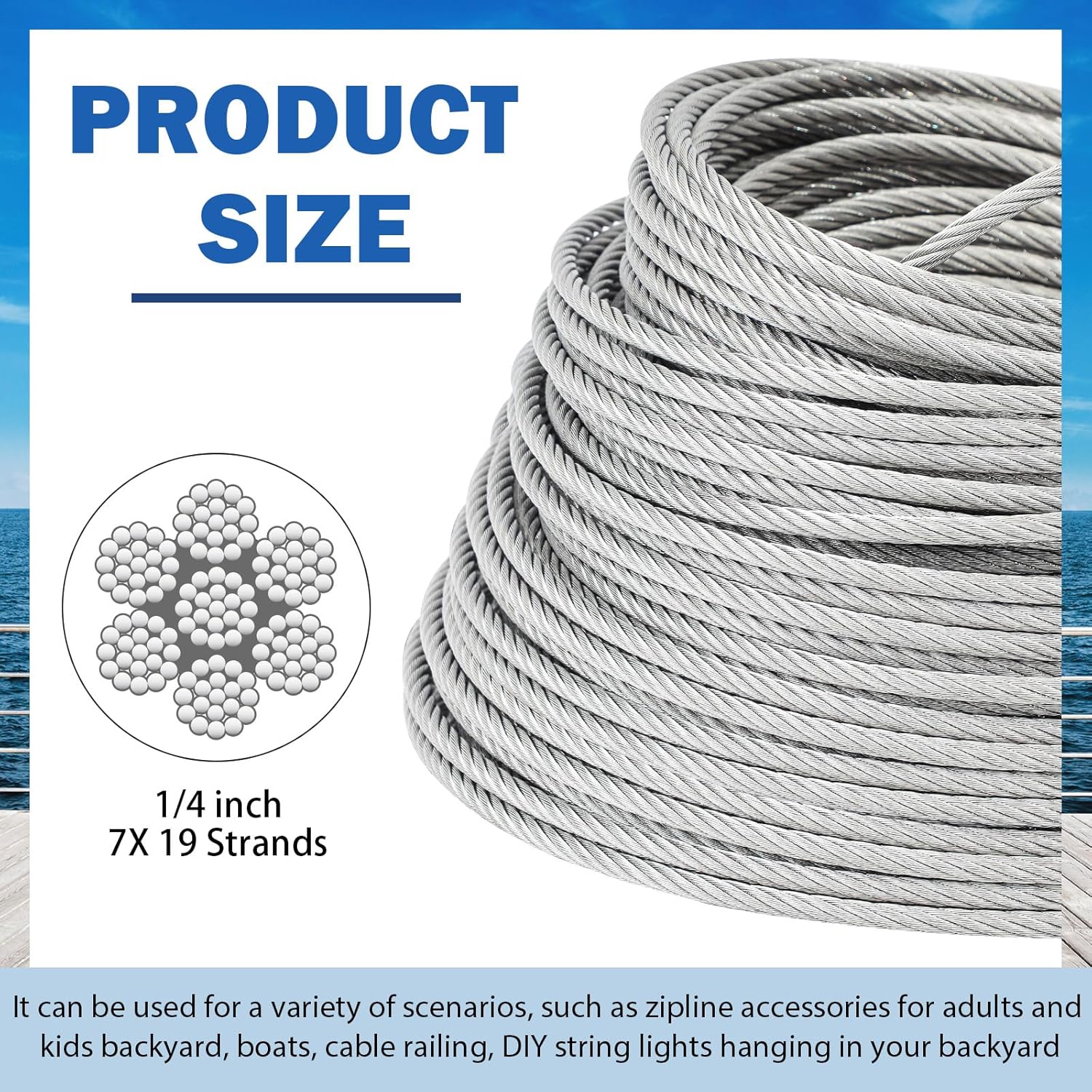 Blulu 1/4 304 Stainless Steel Cable, 300ft Wire Rope with Wire Rope Clamps and Thimble, 6400lbs Breaking Strength, 7x19 Strands Aircraft Cable for Yard Zipline, Deck Railing, Boat Lifts