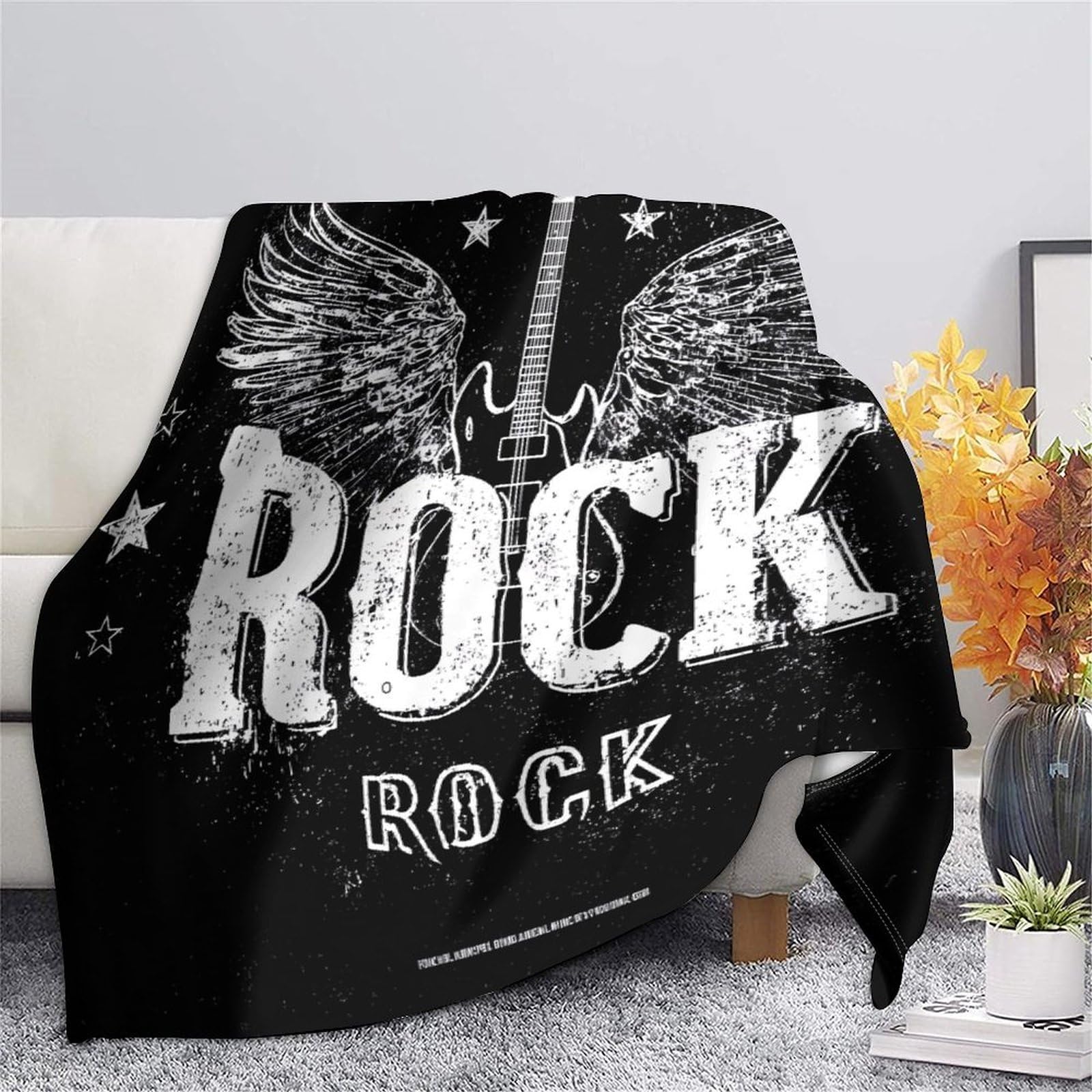 stampa 3D Rock guitar wings coperta da ufficio microfibra biancheria da letto morbida coperta da riposo calda lavabile in lavatrice per pause lavorative vintage rock poster 80×90inch(200x230cm)