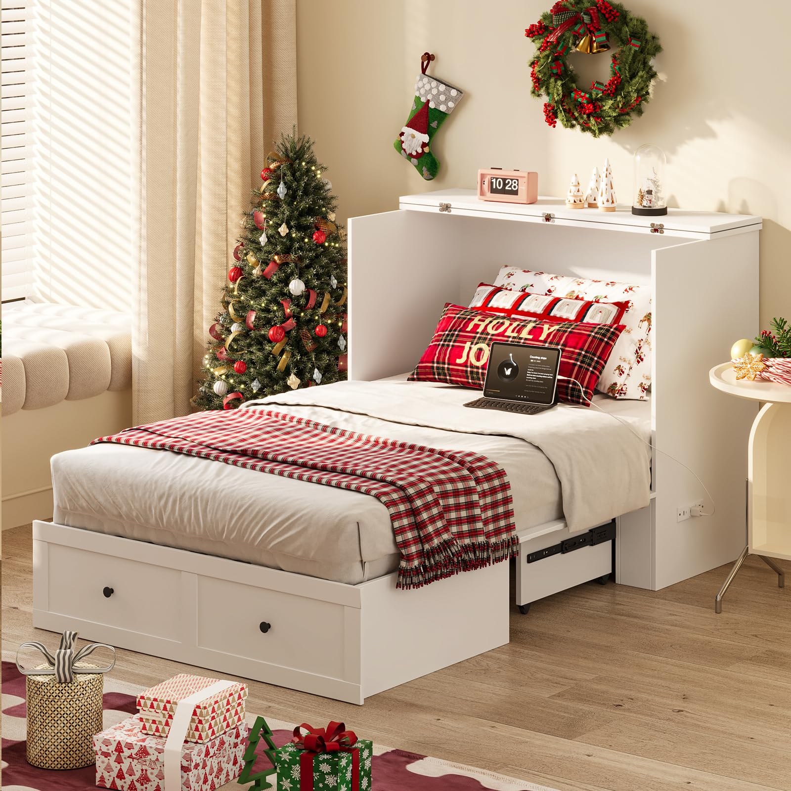 Twin Murphy Bed with Built-in Charging Station, Space-Saving Murphy Bed Chest Twin with Drawer, Foldable, for Home Office Guest Room Bedroom White