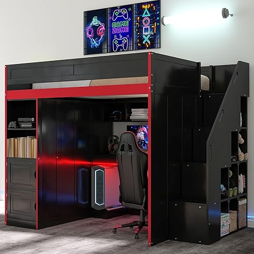 SOFTSEA Full Size Gaming Loft Bed with Desk, Storage Stairs, LED Lights, Bookshelves & Wardrobe, Multifunctional Loft Bed, No Box Spring Needed, Black Red