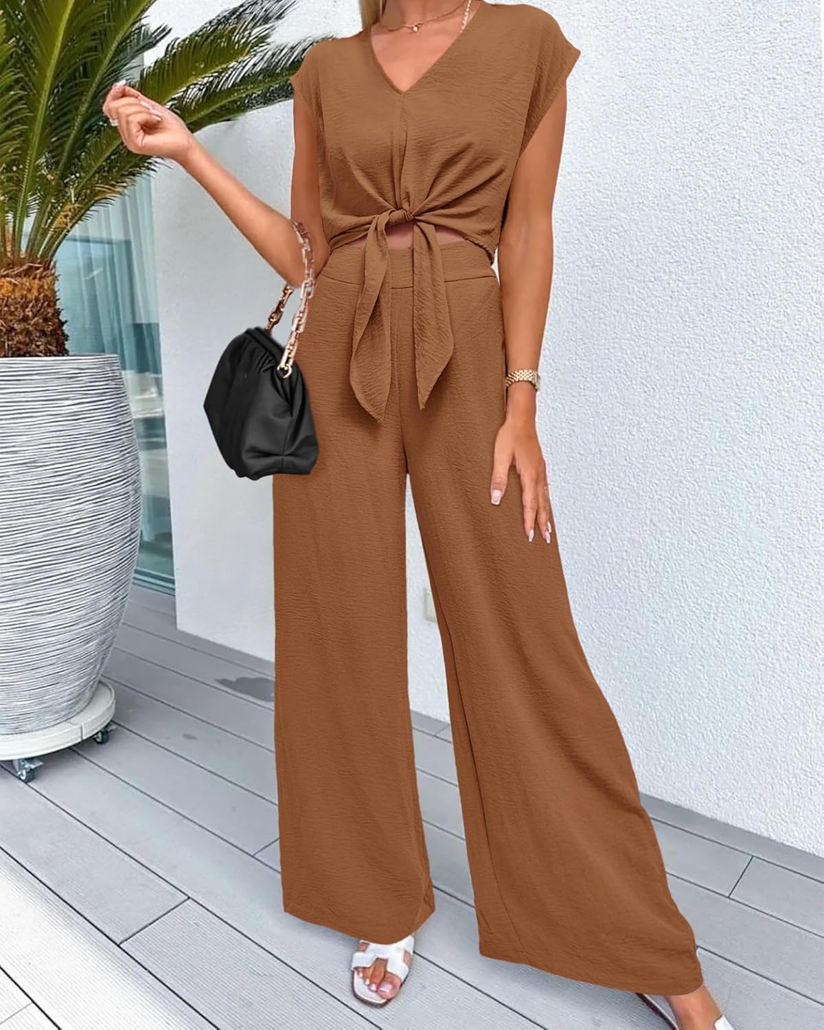 Cap-Sleeved Tie-Front Top & Wide Leg Pants Set
