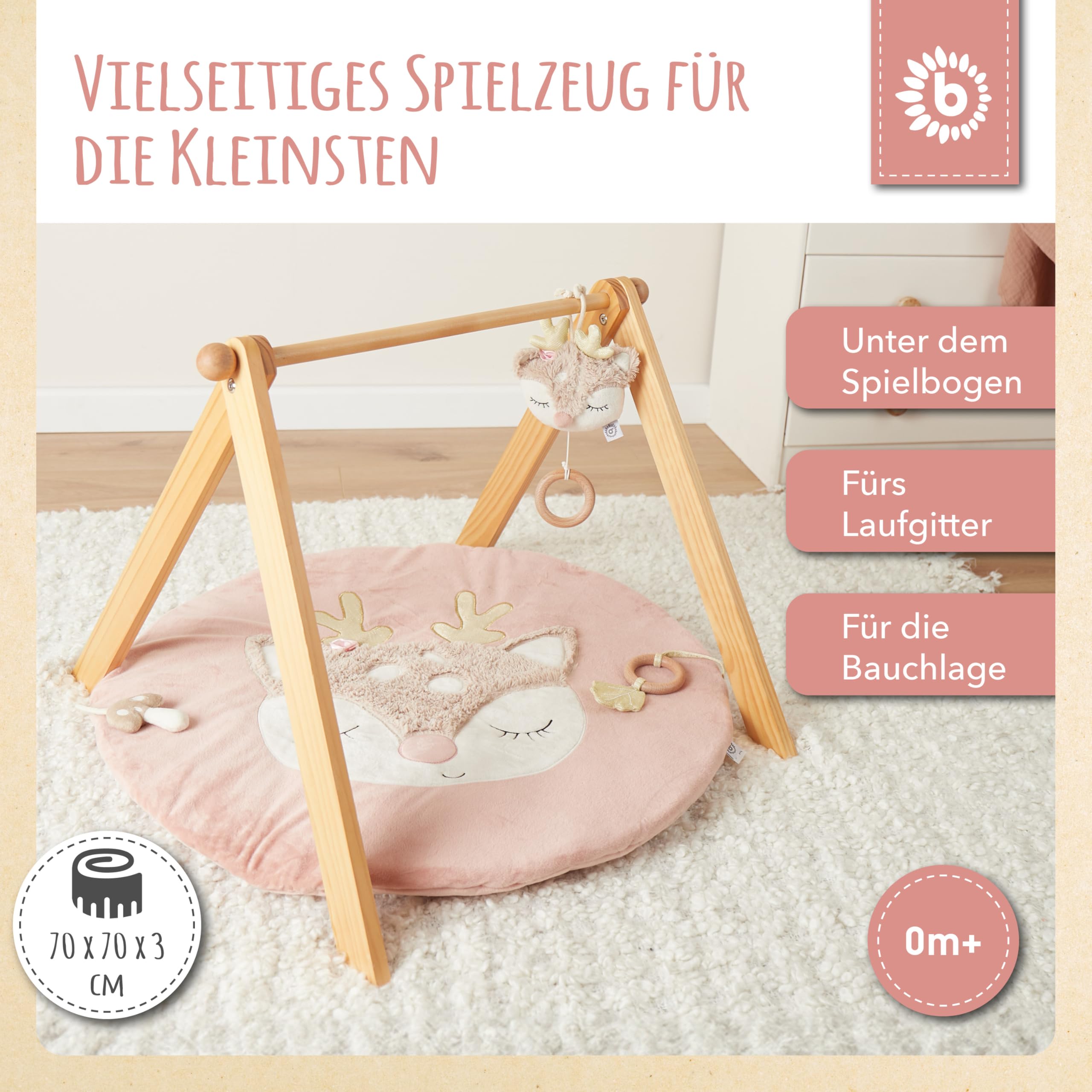 Bieco Krabbeldecke Reh | Babydecke Reh Ella | Baby Krabbeldecke rund gepolstert für Spielbogen Baby | Krabbeldecke für Baby Krabbeldecke gepolstert für Spielebogen Babies Holz Babydecke Boden