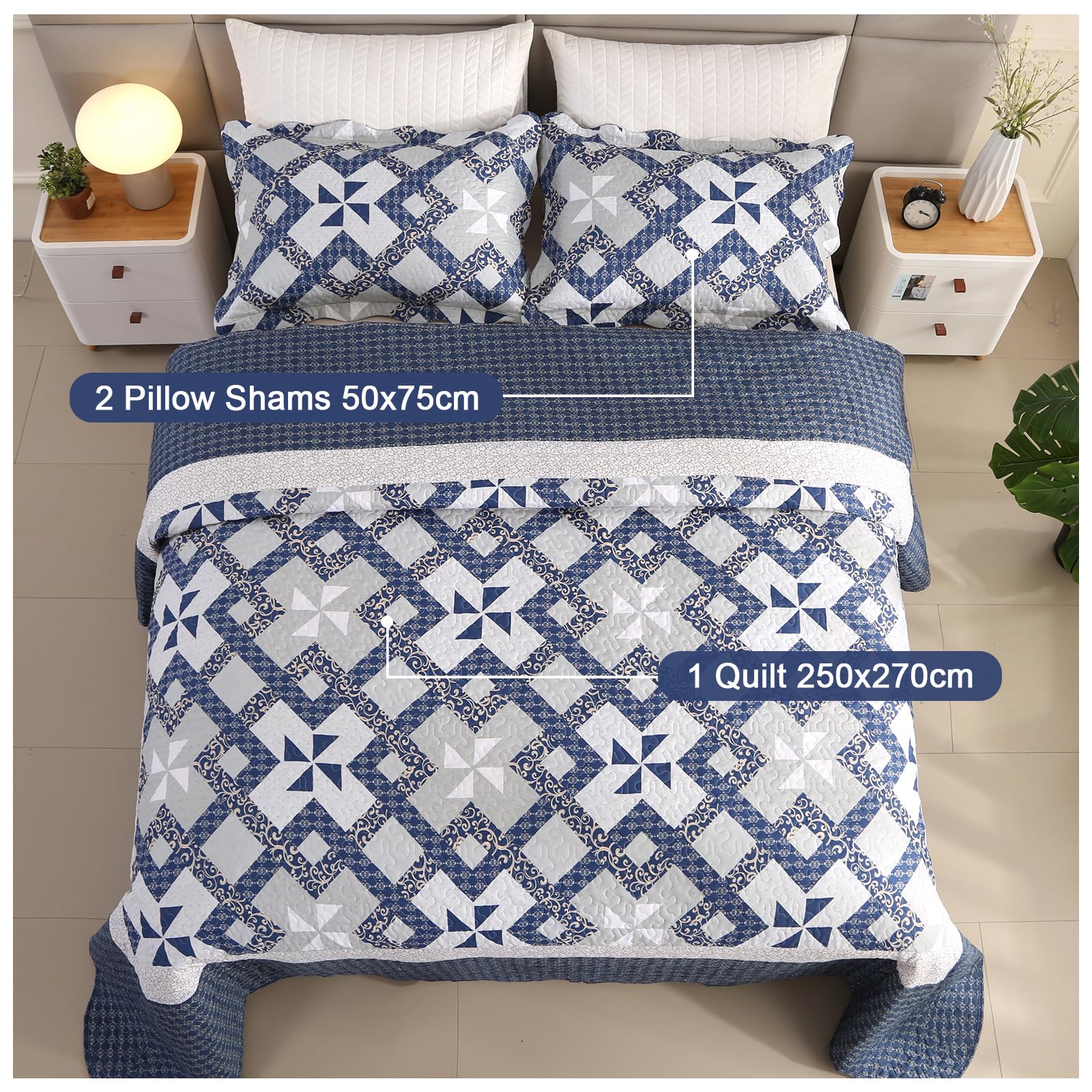 Qucover Colcha Cama 180,Cubrecama 270x250cm Patchwork Etnico Algodón y Microfibra Suave, Colcha Azul Reversible Manta Cama con 2 Fundas de Almohada para Todas Las Estaciones