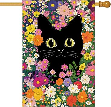 Baccessor Spring Summer Cat House Flag Double Sided 28 x 40 Inch Funny Black Cat Flower Floral Welcome large Flag Burlap Seasonal Yard Outdoor Outside Decoration Large