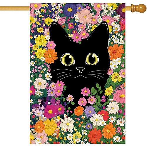 Baccessor Spring Summer Cat House Flag Double Sided 28 x 40 Inch Funny Black Cat Flower Floral Welcome large Flag Burlap Seasonal Yard Outdoor Outside Decoration (Large)