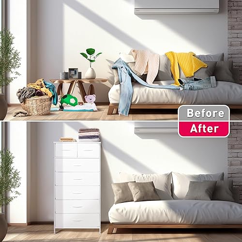 Miniatura 6 de Mifuro Cómoda alta para dormitorio, torre organizadora de almacenamiento vertical con 7 cajones, cómoda con cubos de tela, marco de acero, parte