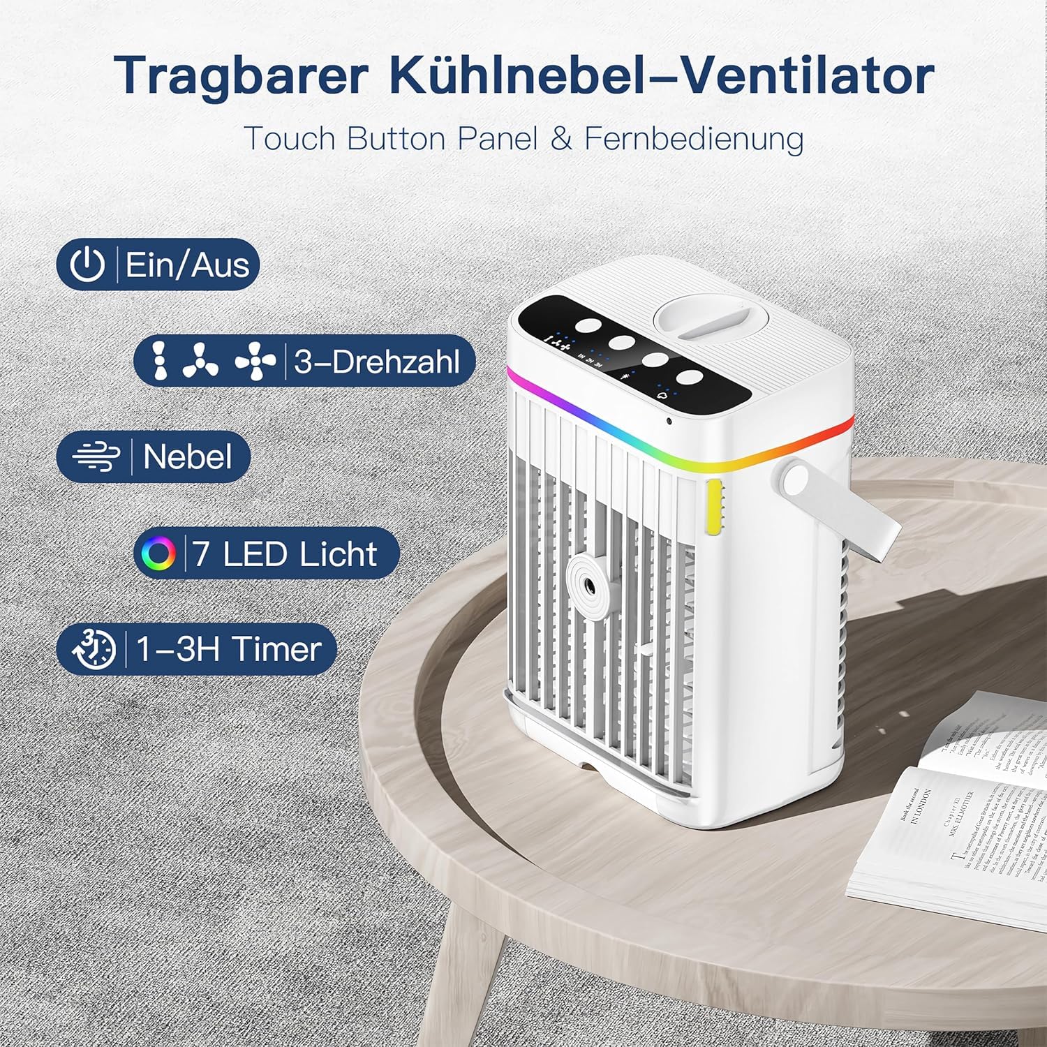 Mobile Klimaanlage, 4 in 1 Mini Klimaanlage mit Kühlen Nebel, Klimaanlage Mobil, klimagerät ohne abluftschlauch, Klimaanlage mobil mini mit 3 Stufen & 7 Farben Nachtlicht für Zuhause/Büro