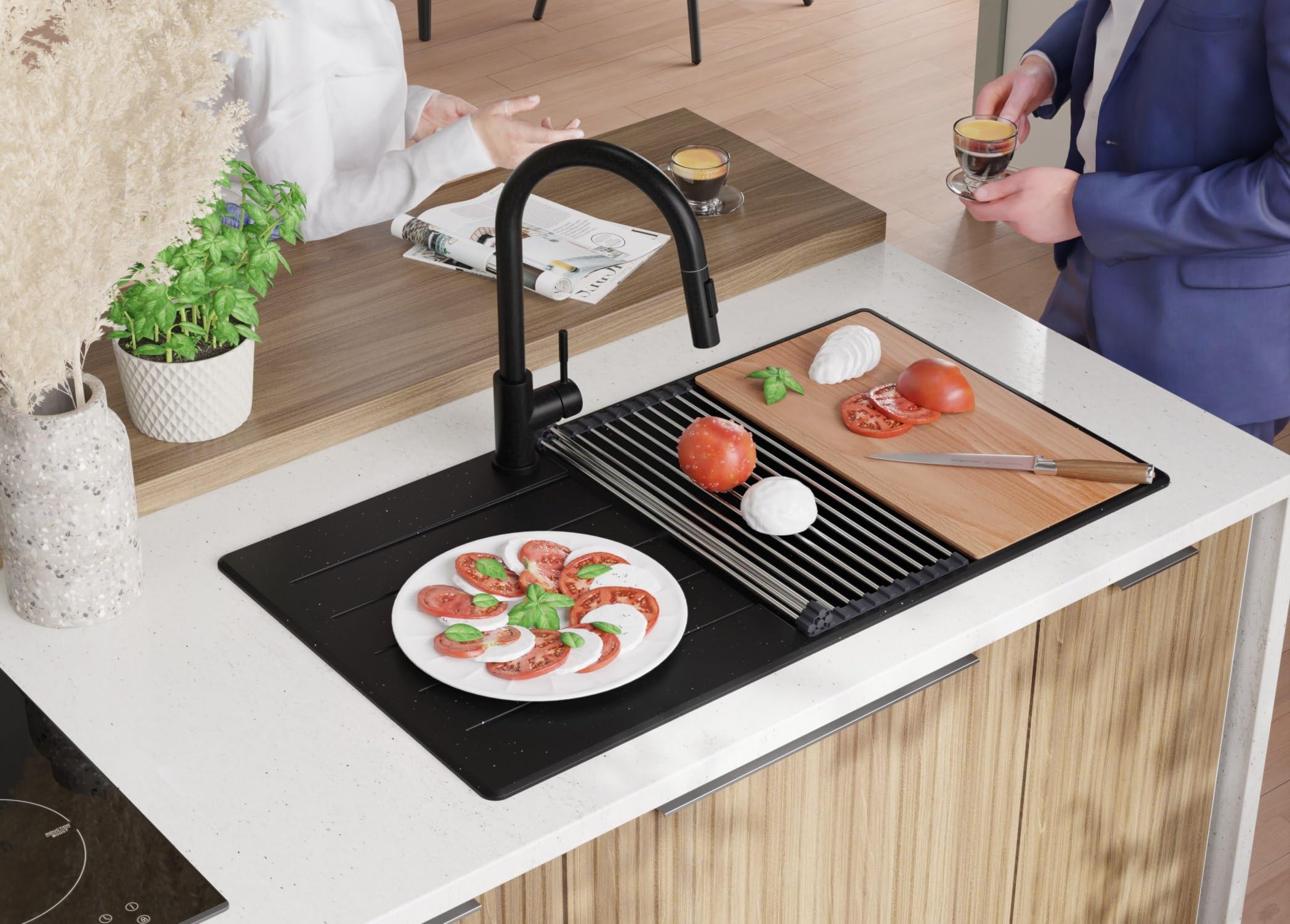 PRIMAGRAN Lavello da Cucina Nero Metallico 90x50cm, Lavandino in Granito a 1 vasca + Sifone Classico, Lavabo da Cucina Incasso al Mobile 60cm - Copenhagen Top S661