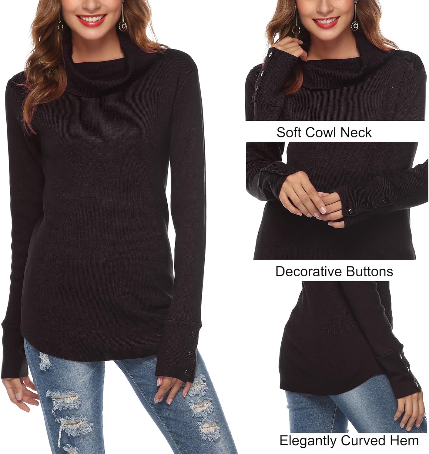 LYHNMW Women Cowl Neck Sweaters Turtleneck Long Sleeve Lightweight Knit Stretchable Loose Fit Sweater Pullover Warm Tops - Image 5